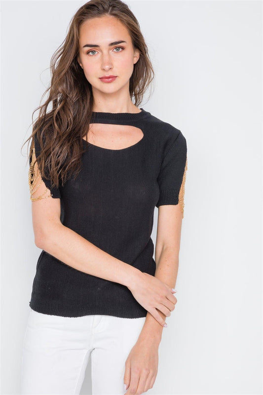 Black Chain Sleeves Cut Out Knit Top /4-2