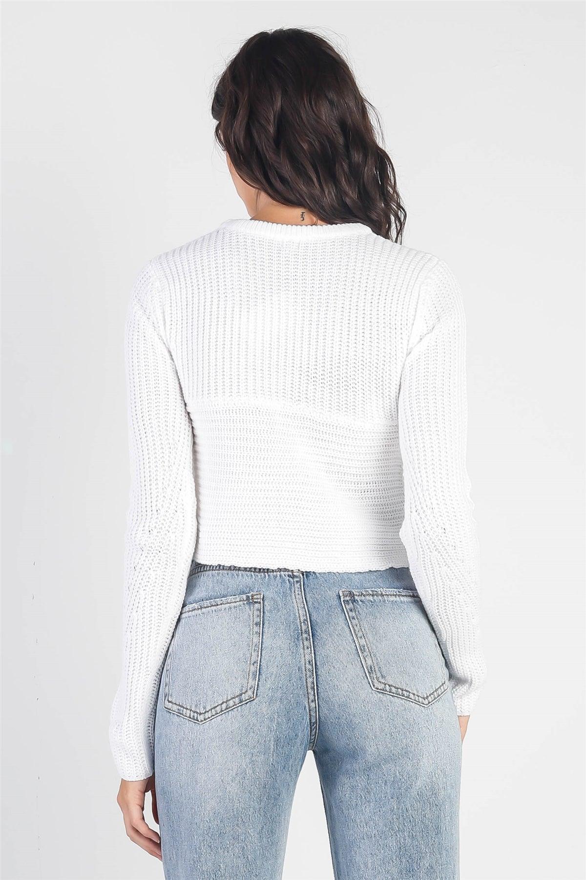 White Knit Asymmetrical Hem Zip Detail Sweater /4-2