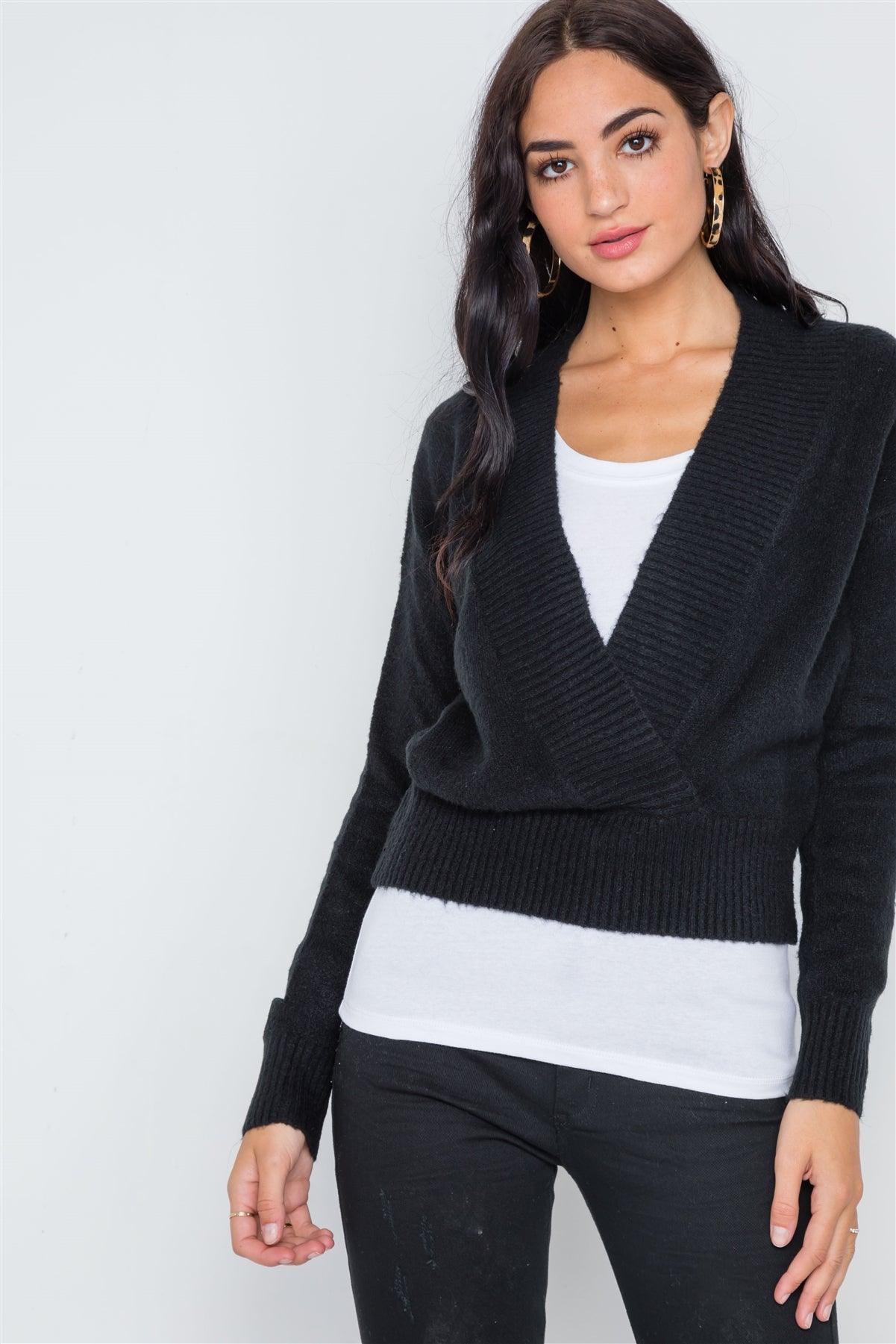 Black Knit Deep V-Neck Surplice Long Sleeve Sweater /4-2