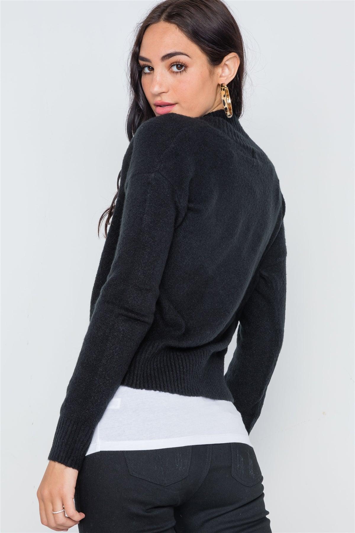 Black Knit Deep V-Neck Surplice Long Sleeve Sweater /4-2