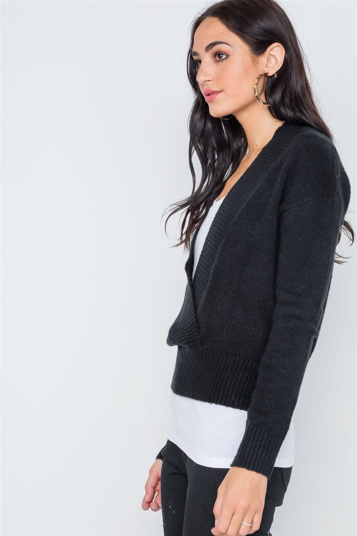 Black Knit Deep V-Neck Surplice Long Sleeve Sweater /4-2