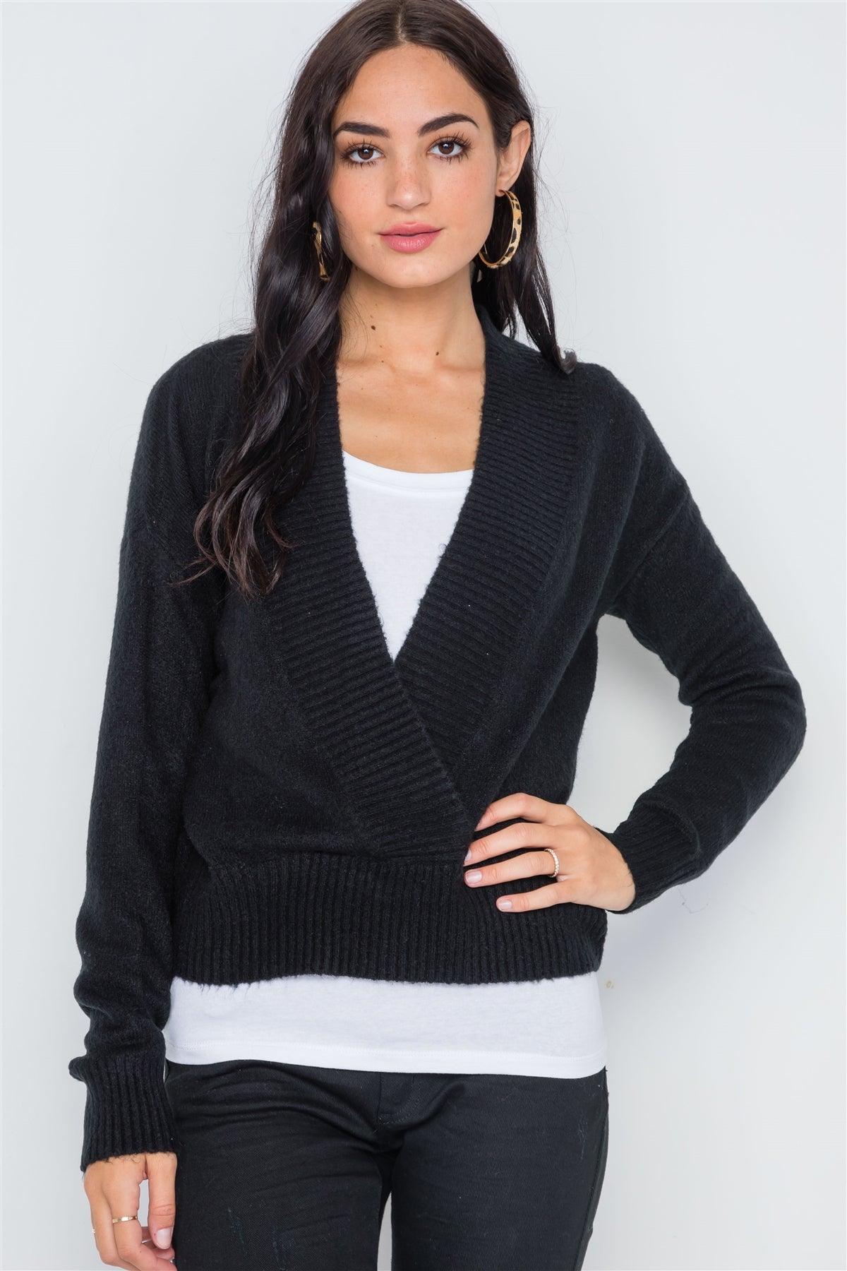 Black Knit Deep V-Neck Surplice Long Sleeve Sweater /4-2