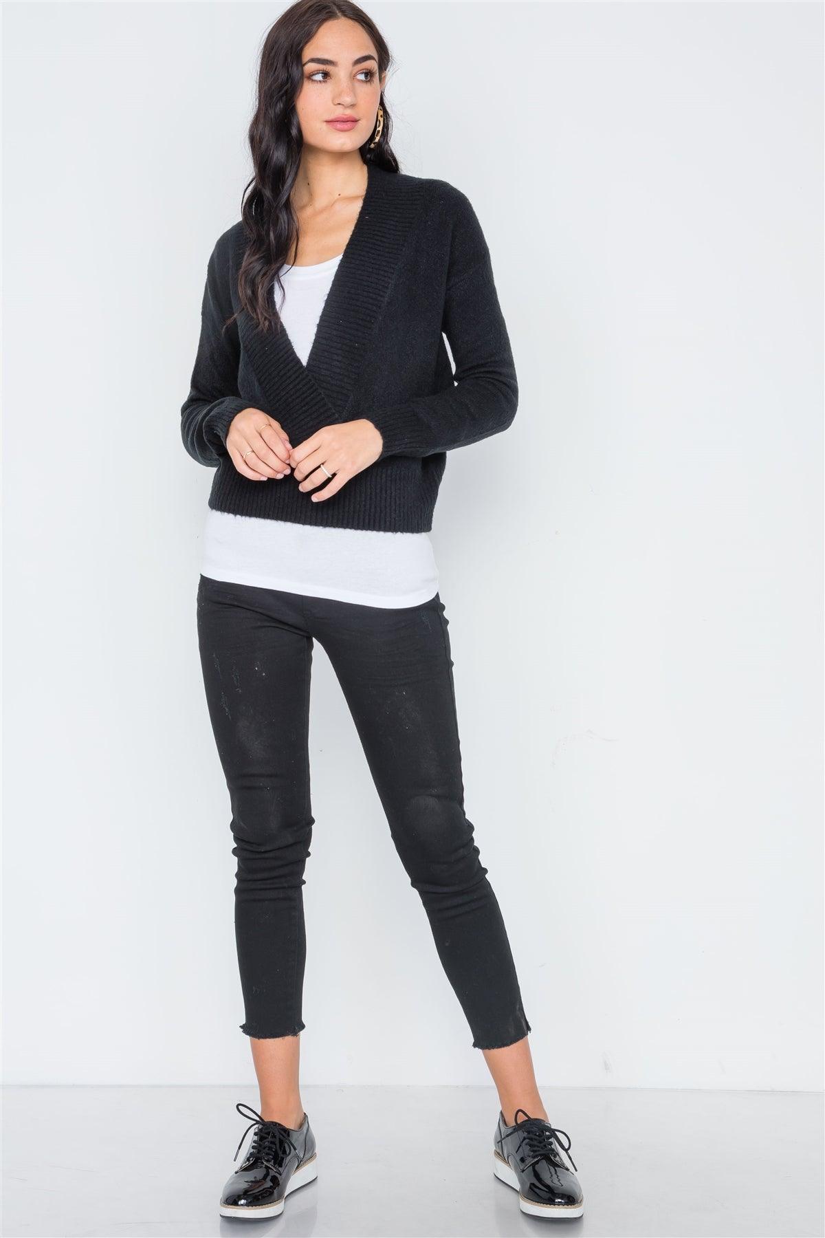 Black Knit Deep V-Neck Surplice Long Sleeve Sweater /4-2