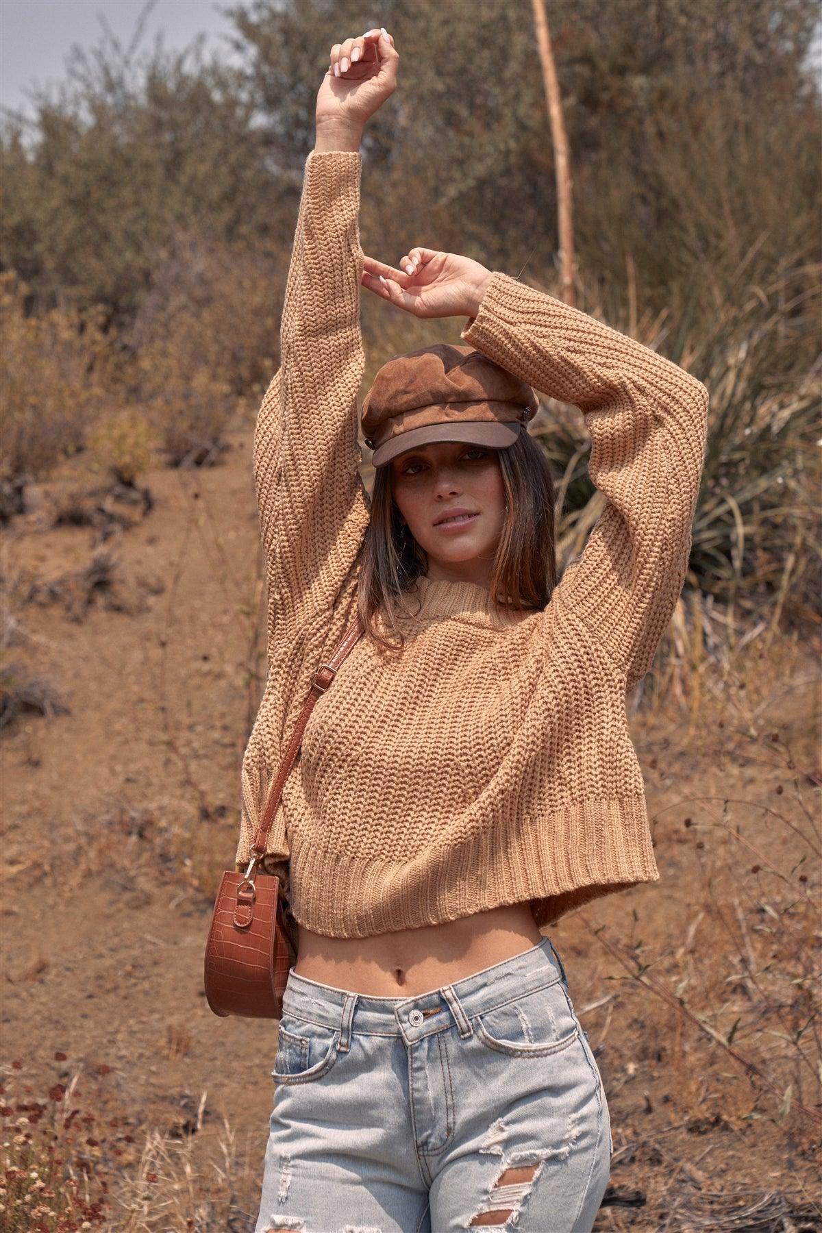 Pumpkin Spice Caramel Round Neck Long Cut-Out Detail Sleeve Cable Knit Cropped Sweater /4-2