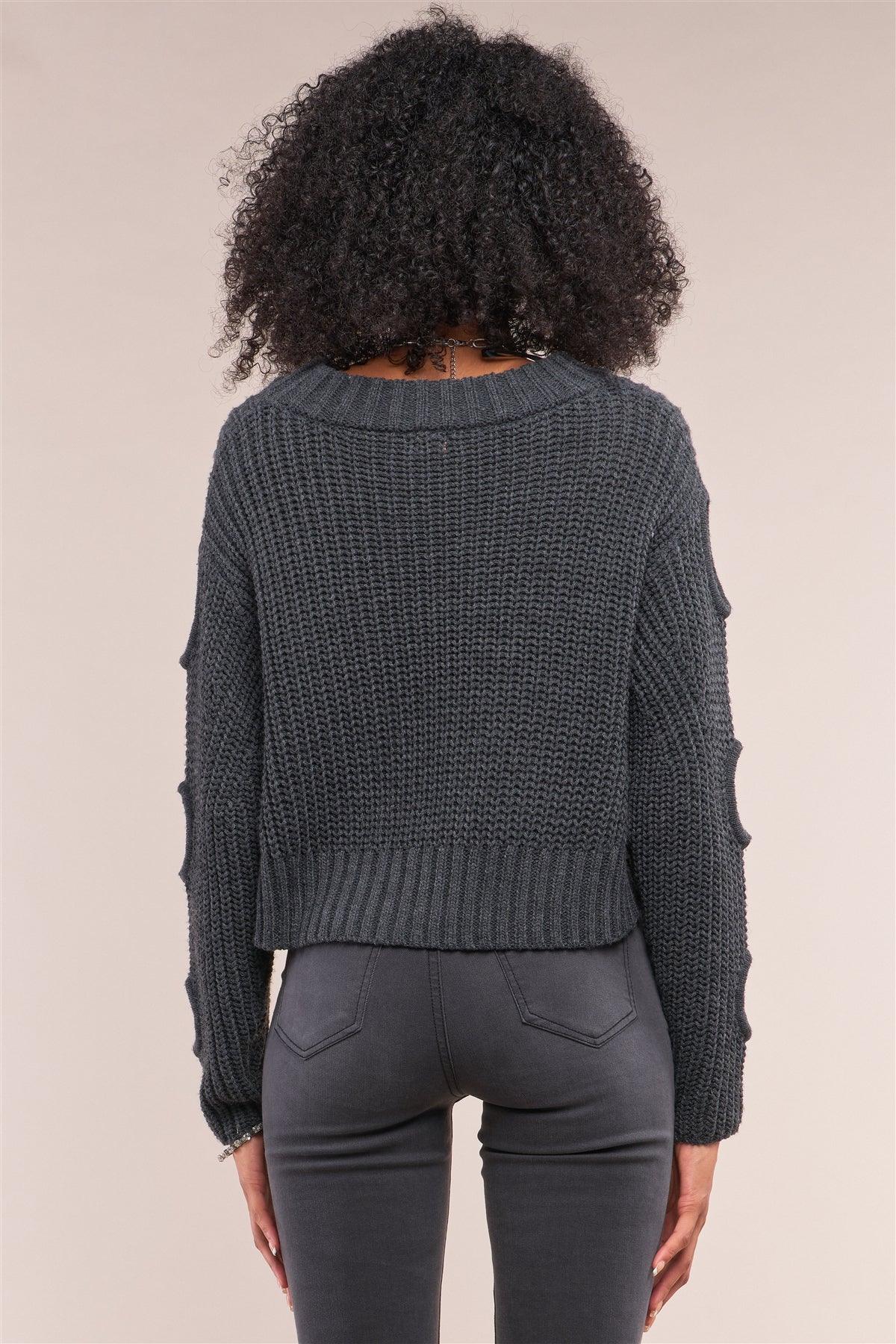 Charcoal Round Neck Long Cut-Out Detail Sleeve Cable Knit Cropped Sweater /4-2