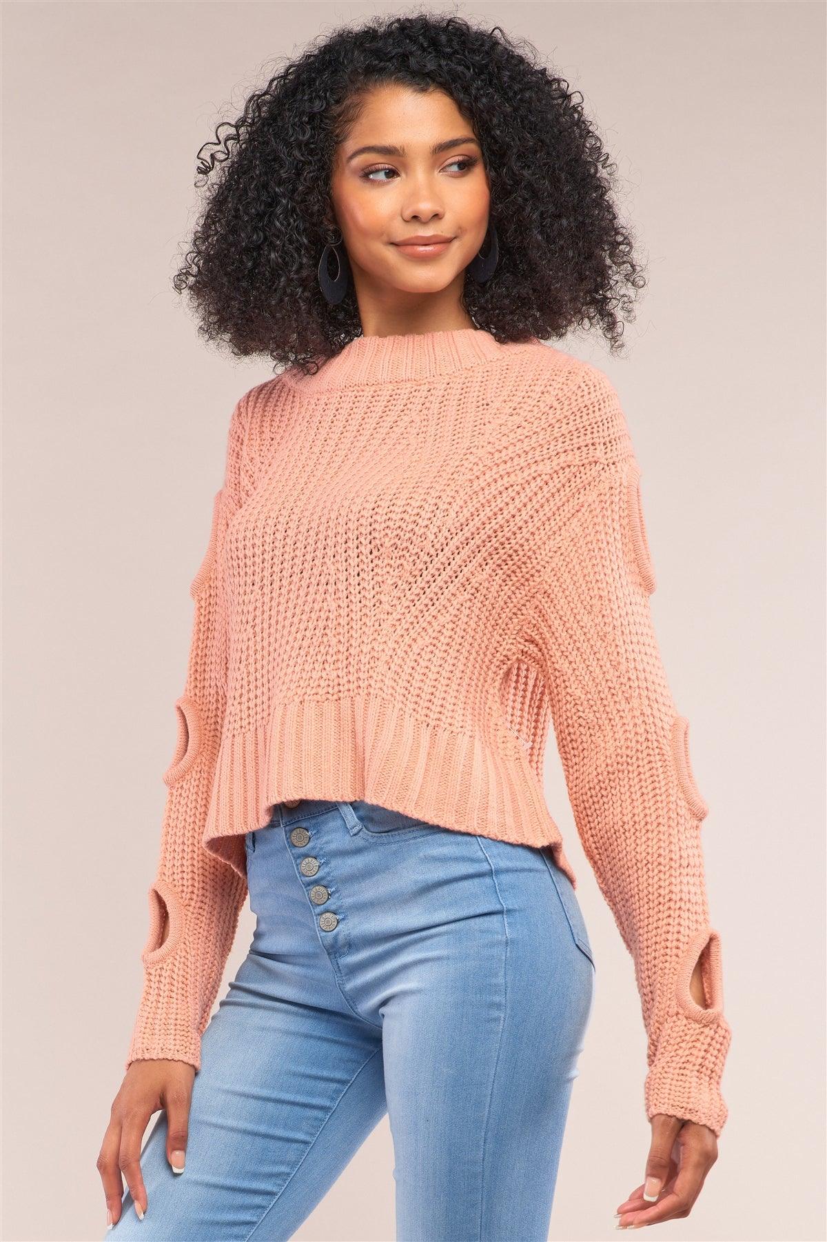 Salmon Round Neck Long Cut-Out Detail Sleeve Cable Knit Cropped Sweater /4-2