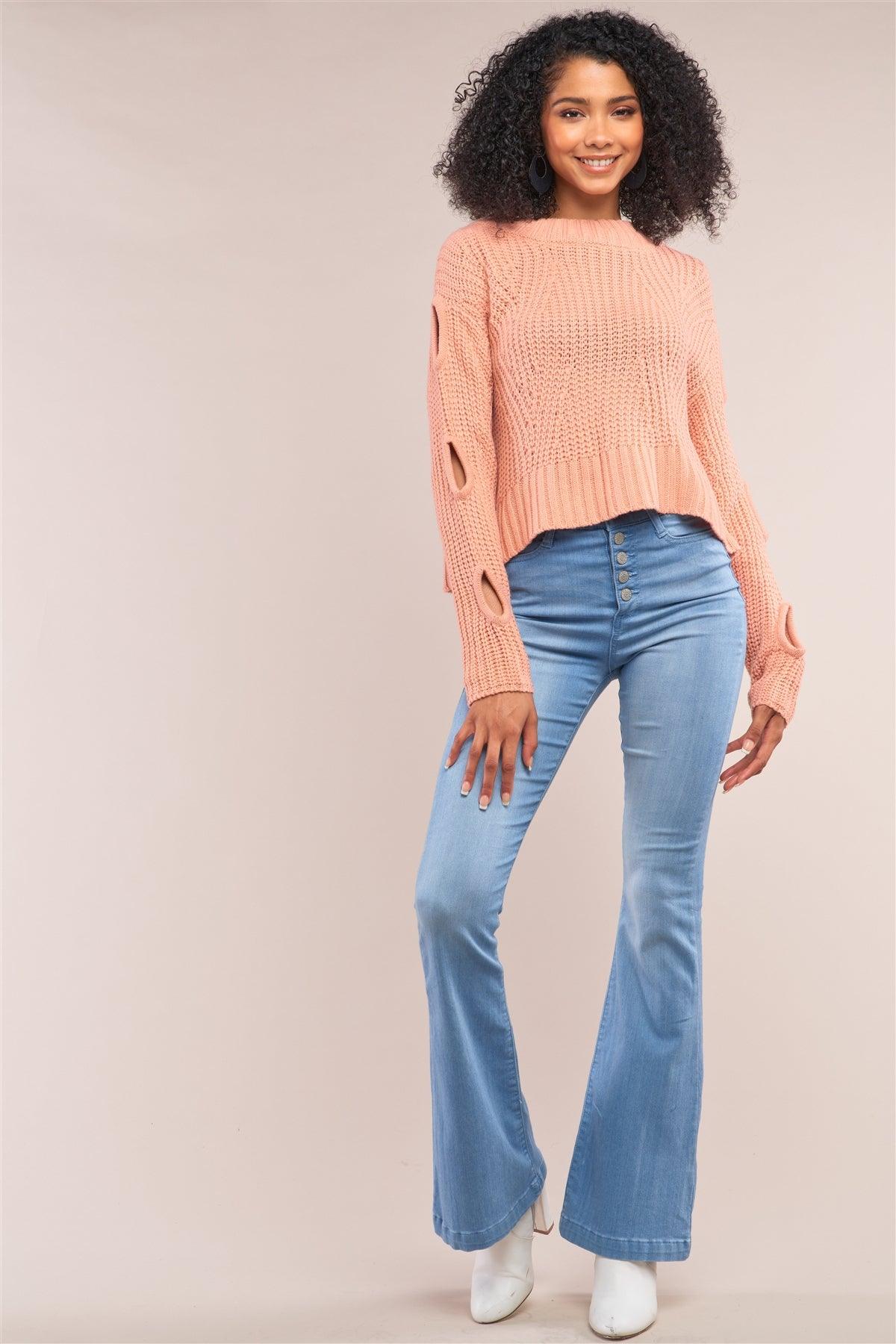 Salmon Round Neck Long Cut-Out Detail Sleeve Cable Knit Cropped Sweater /4-2