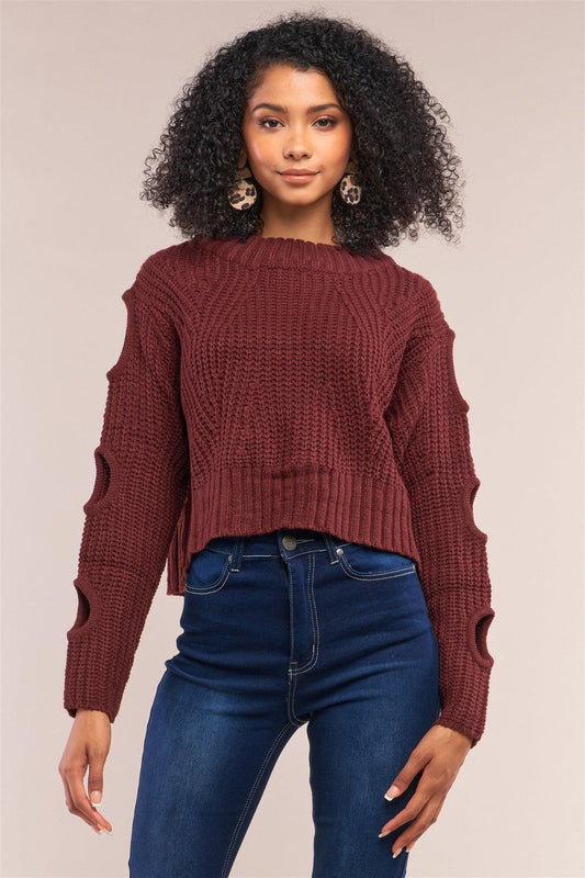 Wine Round Neck Long Cut-Out Detail Sleeve Cable Knit Cropped Sweater