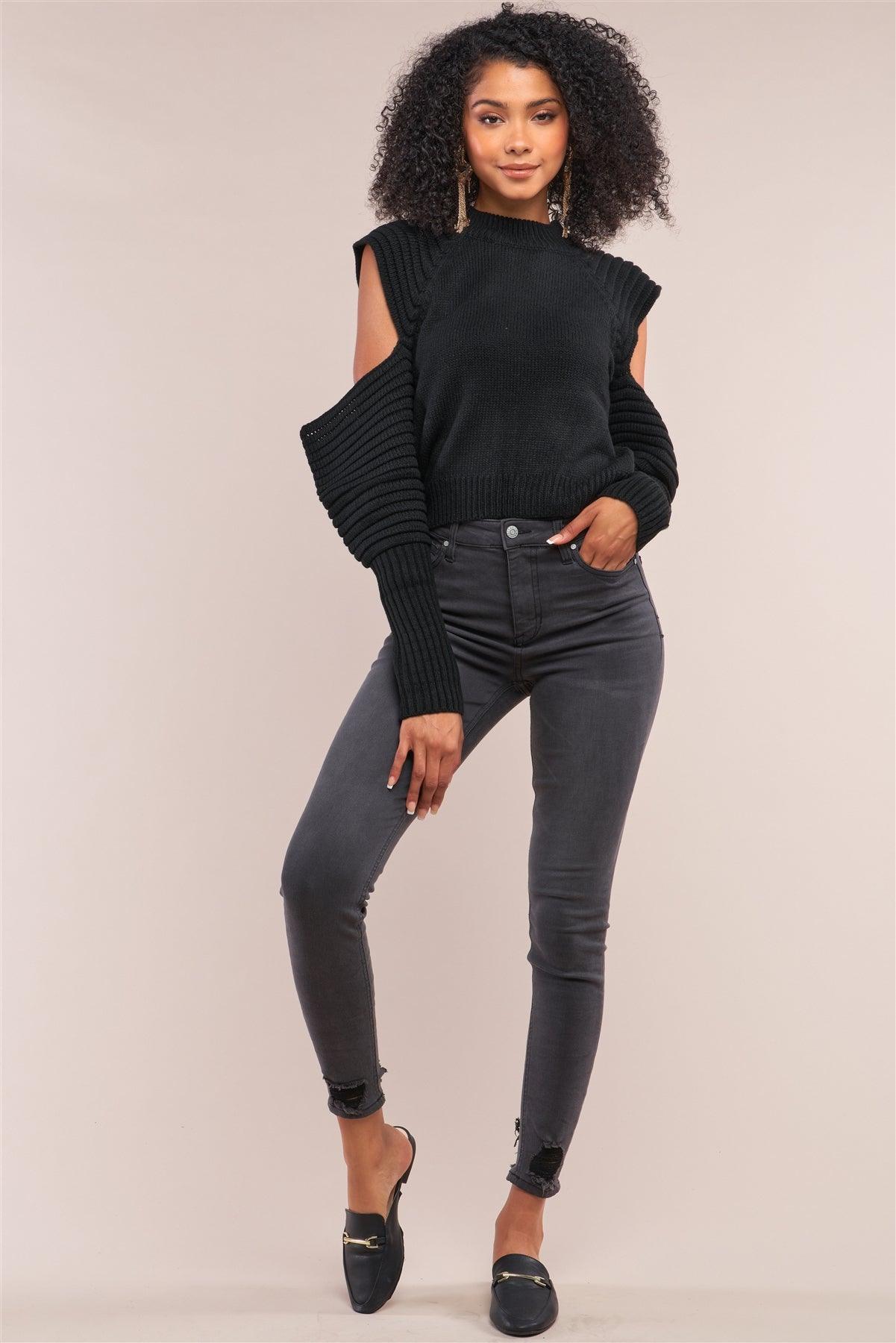 Black Knit Ribbed Neck Long Pleated Sleeve Cut-Out Detail Cropped Sweater /4-2