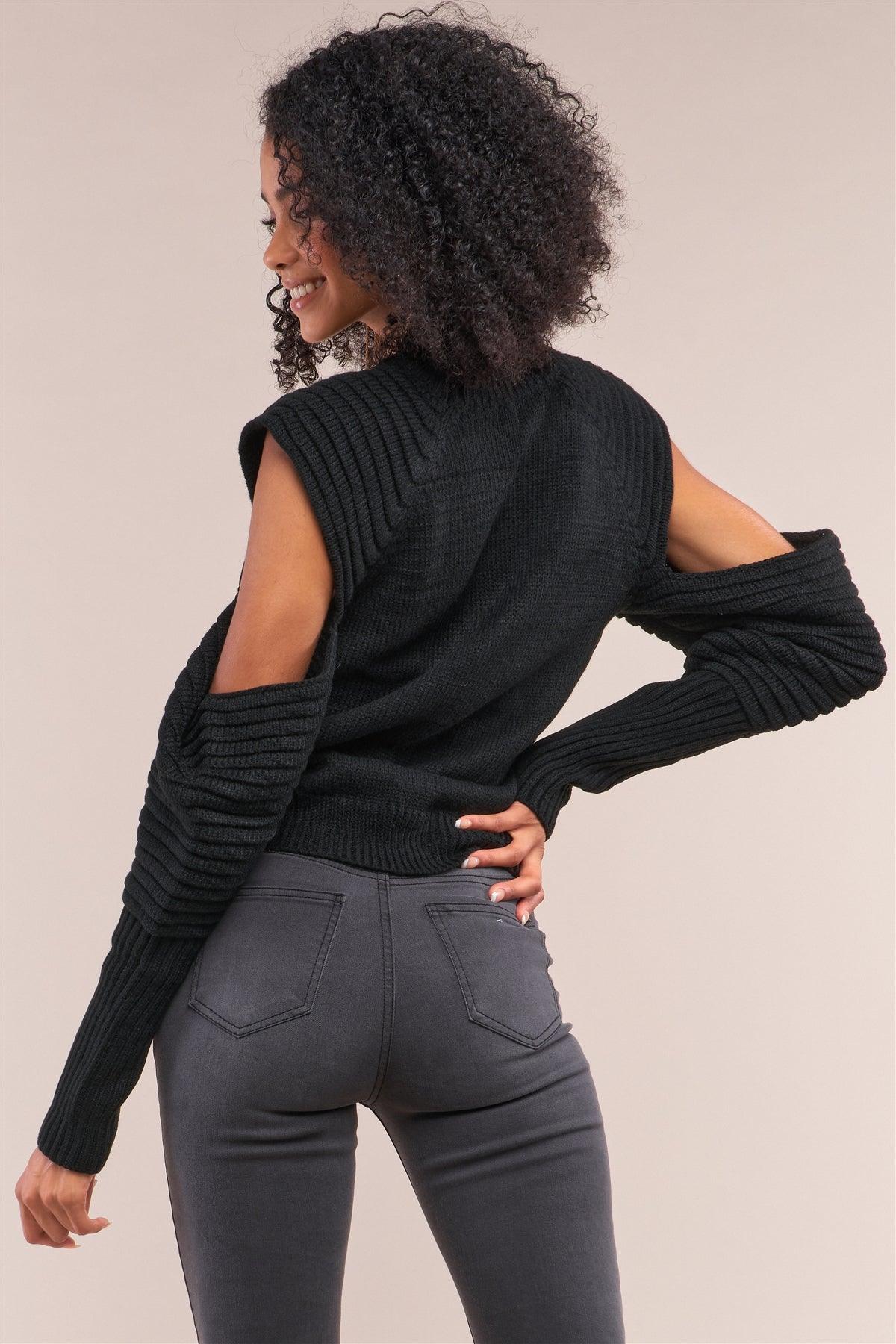 Black Knit Ribbed Neck Long Pleated Sleeve Cut-Out Detail Cropped Sweater /4-2