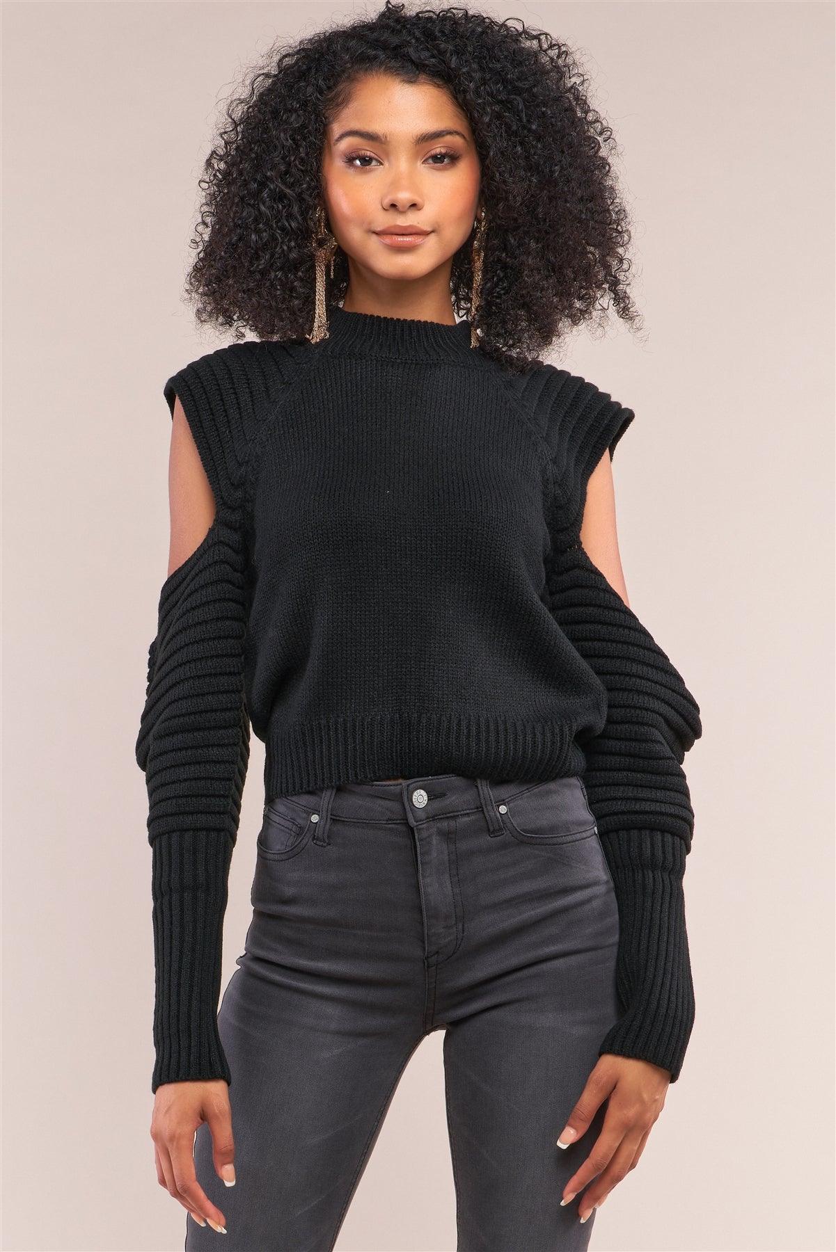 Black Knit Ribbed Neck Long Pleated Sleeve Cut-Out Detail Cropped Sweater /4-2