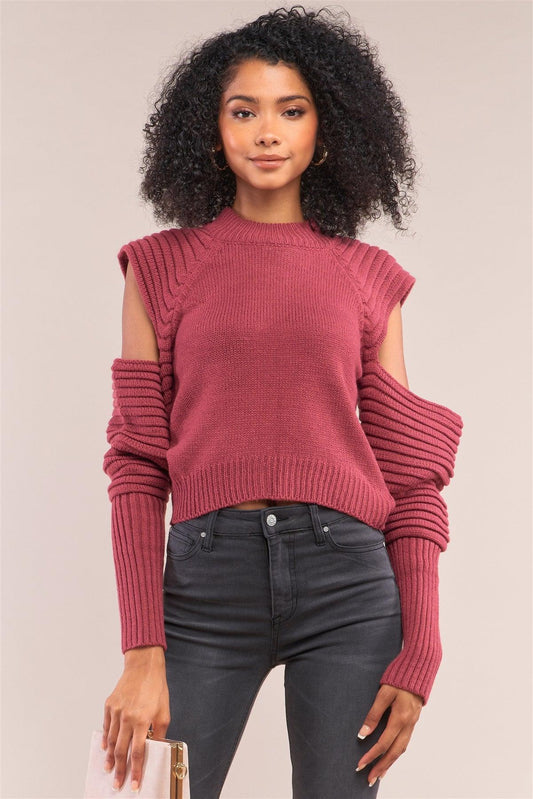 Cranberry Red Knit Ribbed Neck Long Pleated Sleeve Cut-Out Detail Cropped Sweater /4-2