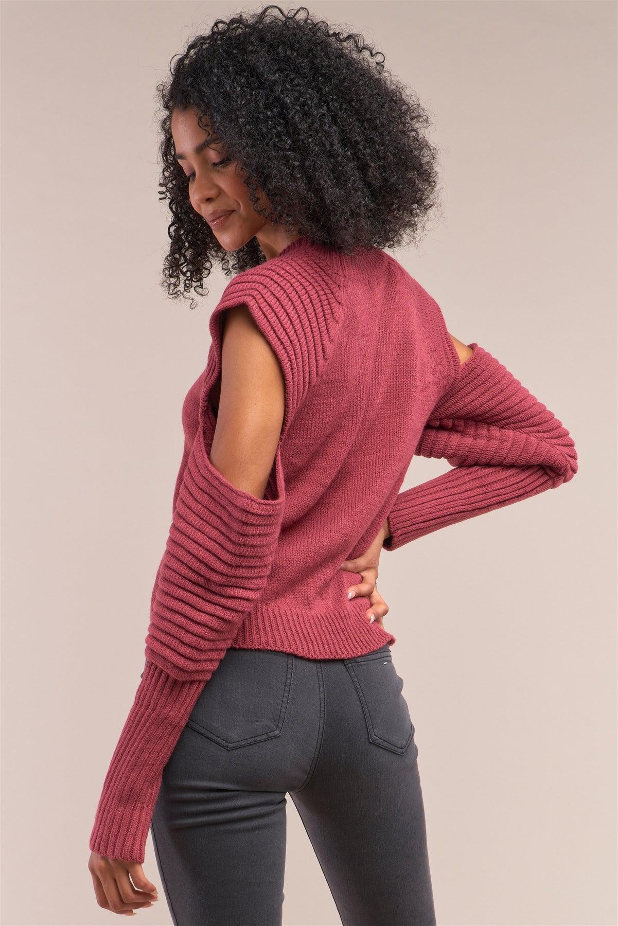 Cranberry Red Knit Ribbed Neck Long Pleated Sleeve Cut-Out Detail Cropped Sweater /4-2