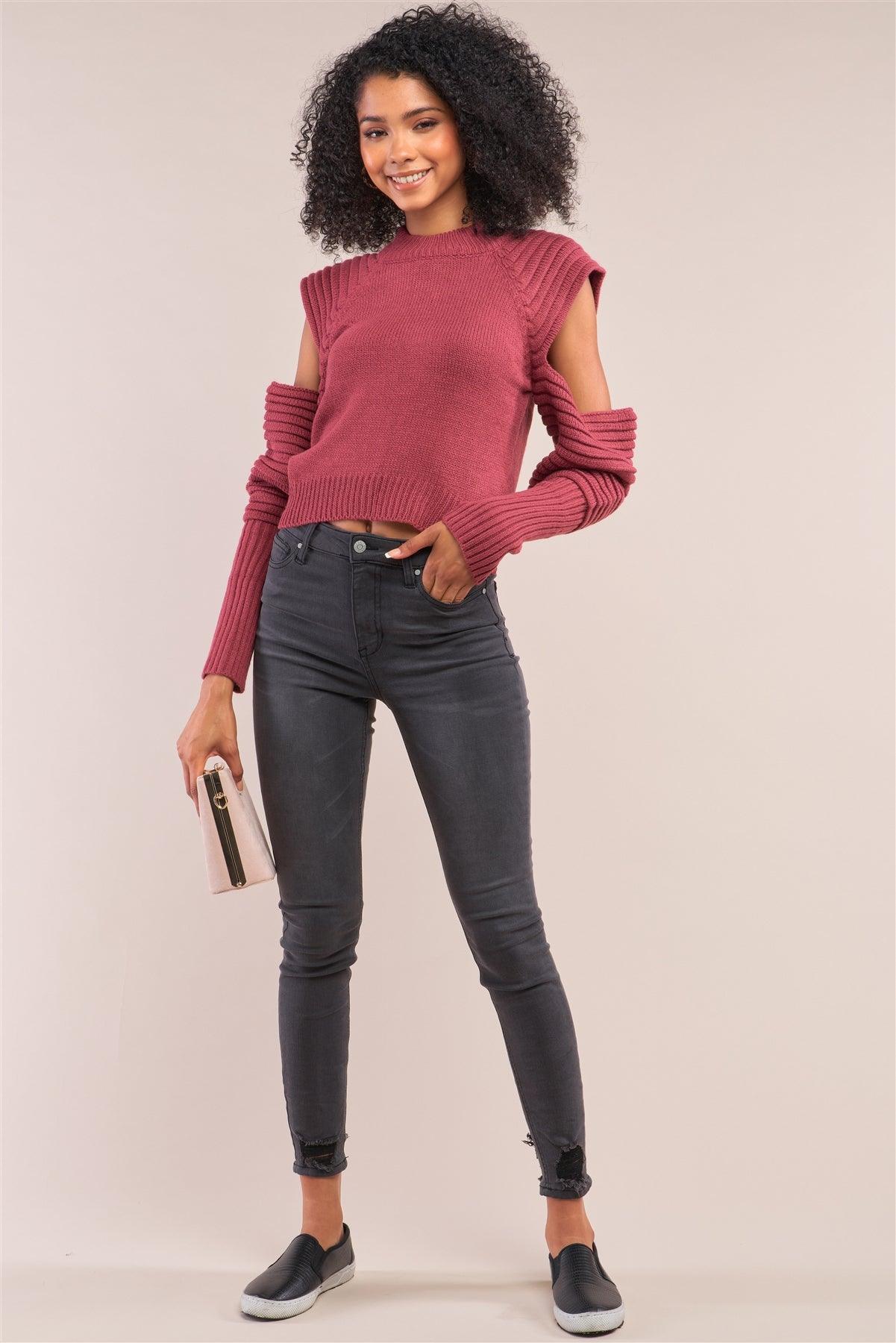 Cranberry Red Knit Ribbed Neck Long Pleated Sleeve Cut-Out Detail Cropped Sweater /4-2