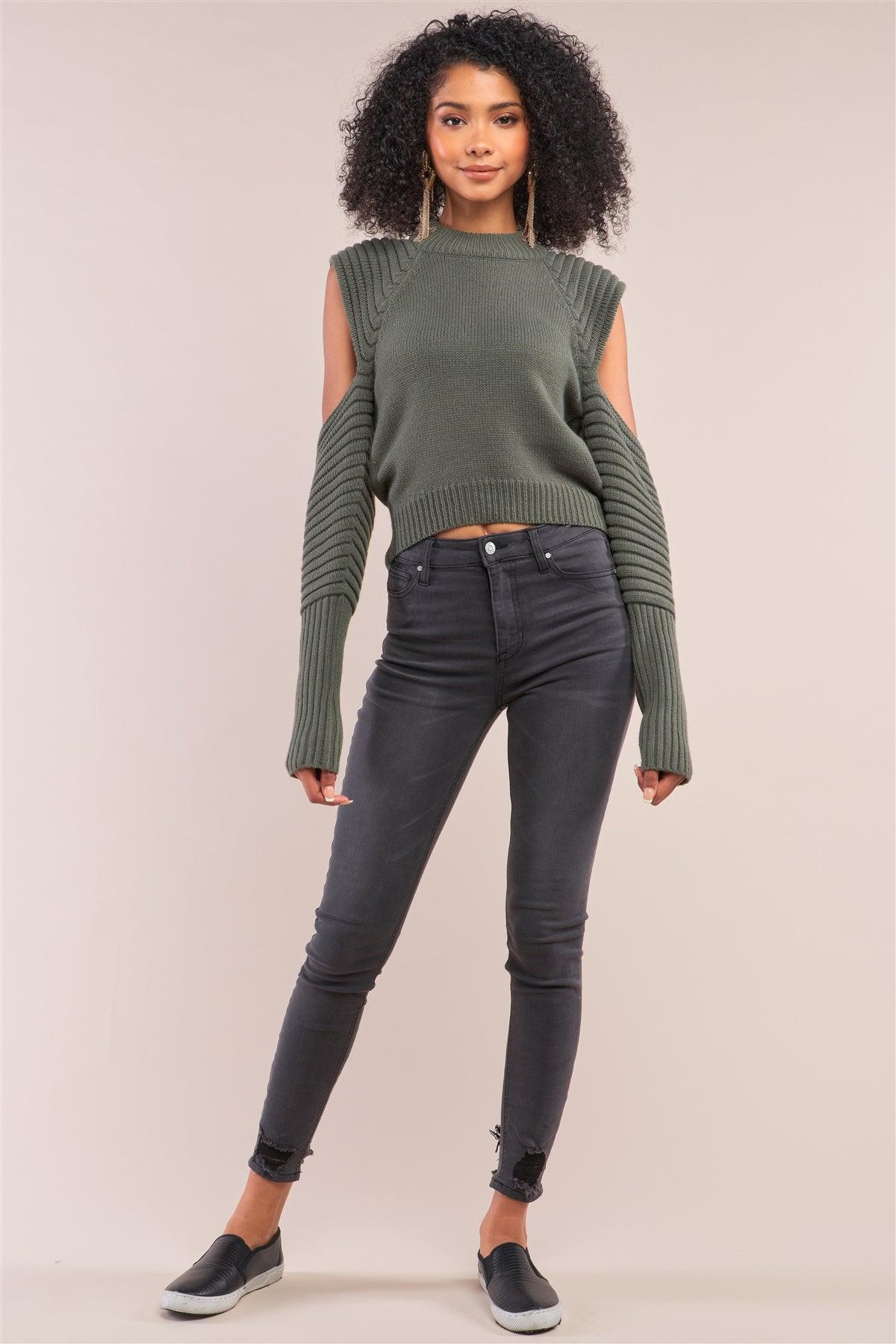 Olive Knit Ribbed Neck Long Pleated Sleeve Cut-Out Detail Cropped Sweater /4-2