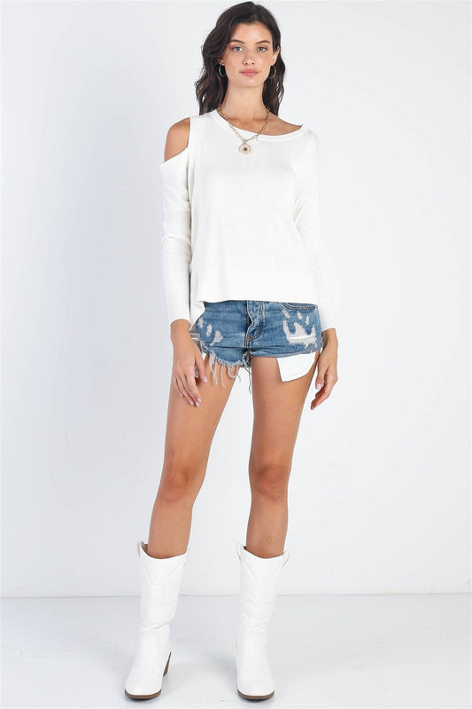 White Knit Cold Shoulder Long Sleeve Sweaters /3-2-1