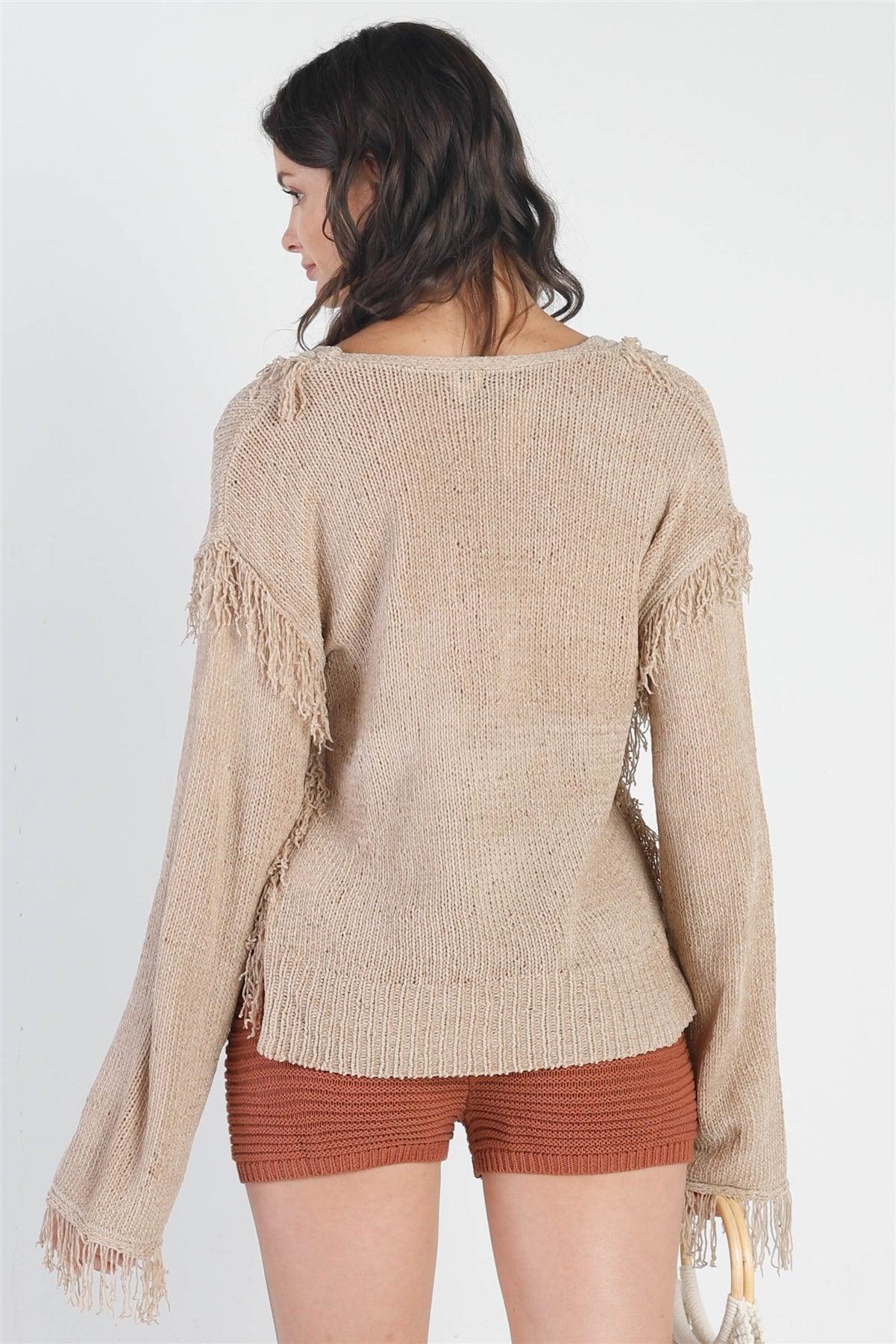 Sand Knit Trim Detail Self-Tie V-Neck Sweater /5-1