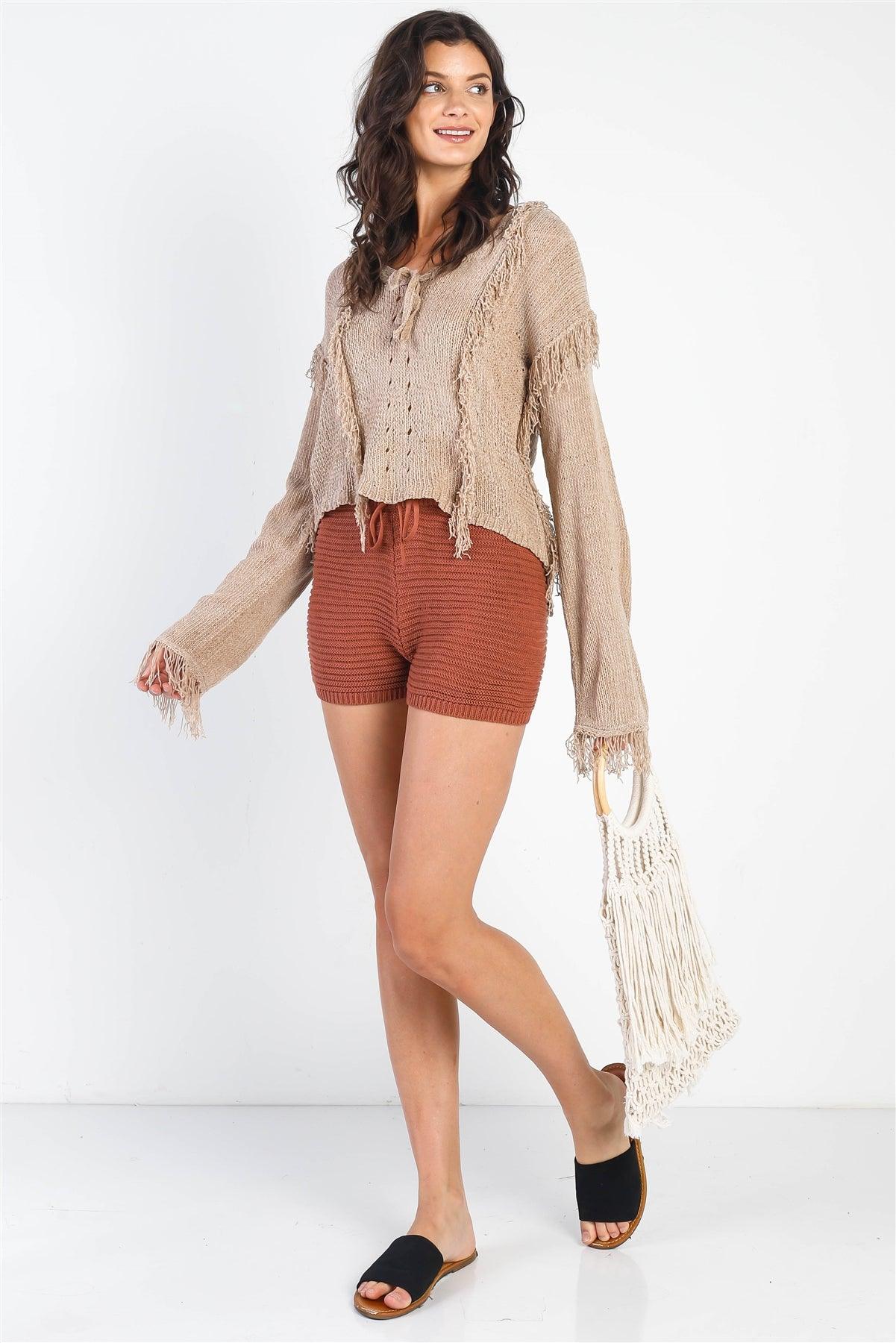 Sand Knit Trim Detail Self-Tie V-Neck Sweater /5-1