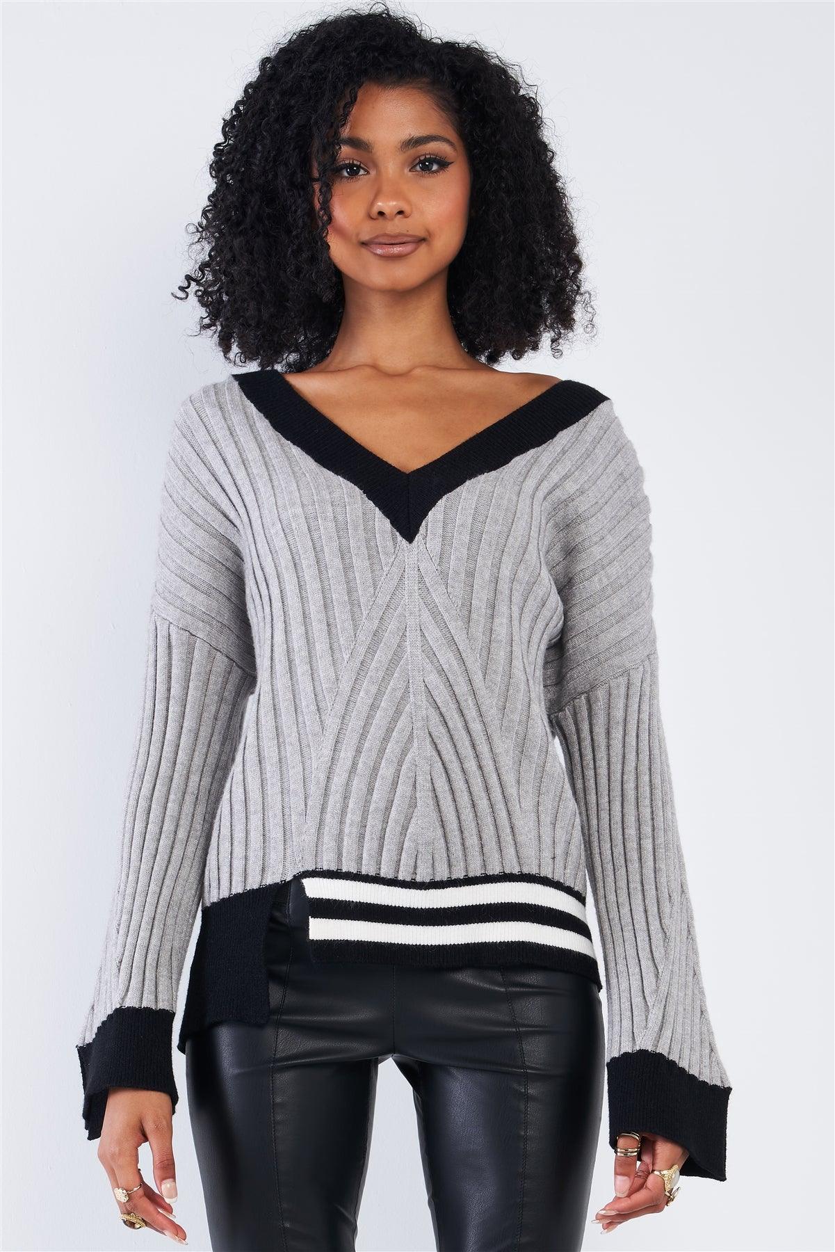 Concrete Grey Thick Plush Knit Black Block Stripped Sweater