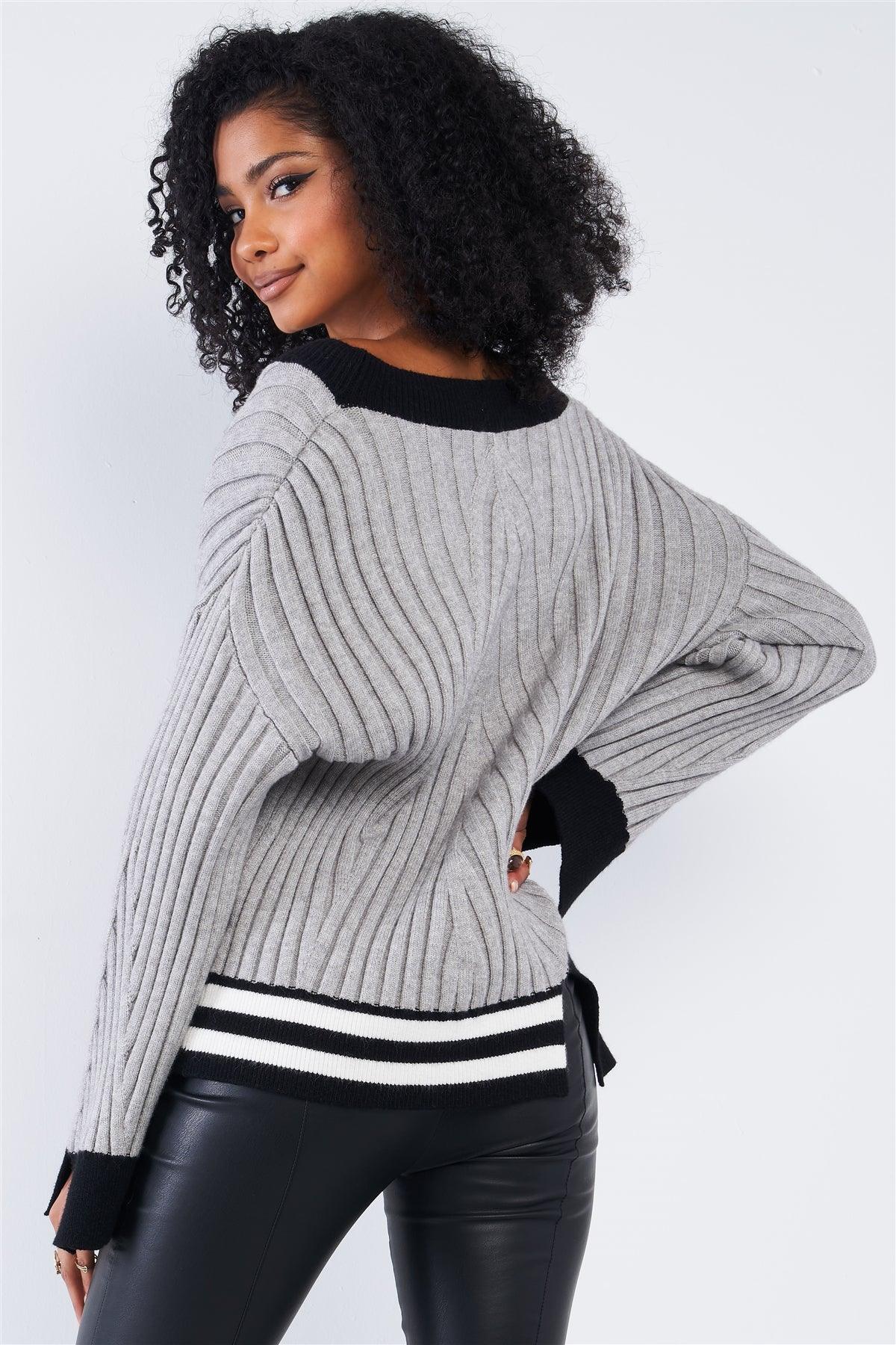 Concrete Grey Thick Plush Knit Black Block Stripped Sweater