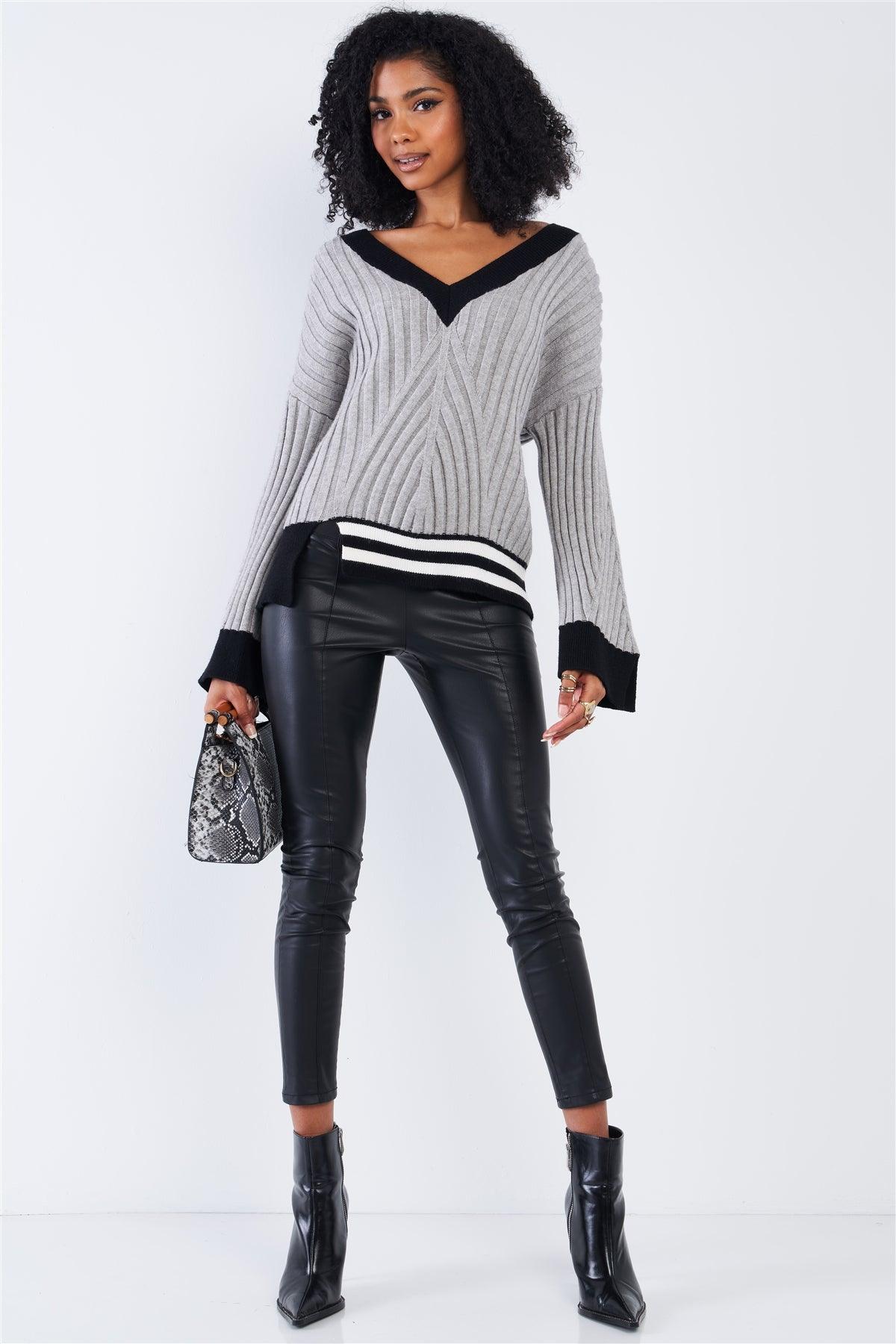 Concrete Grey Thick Plush Knit Black Block Stripped Sweater