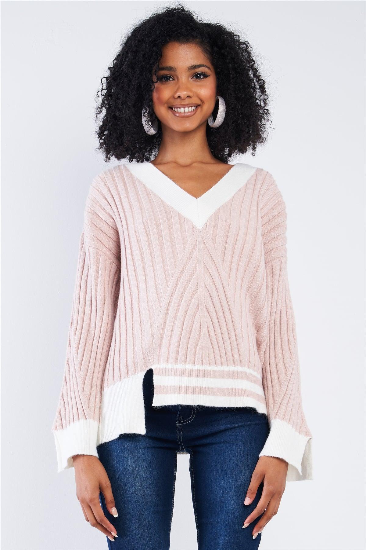 Strawberry Cream Thick Plush Cream Block Stripped Sweater /4-2