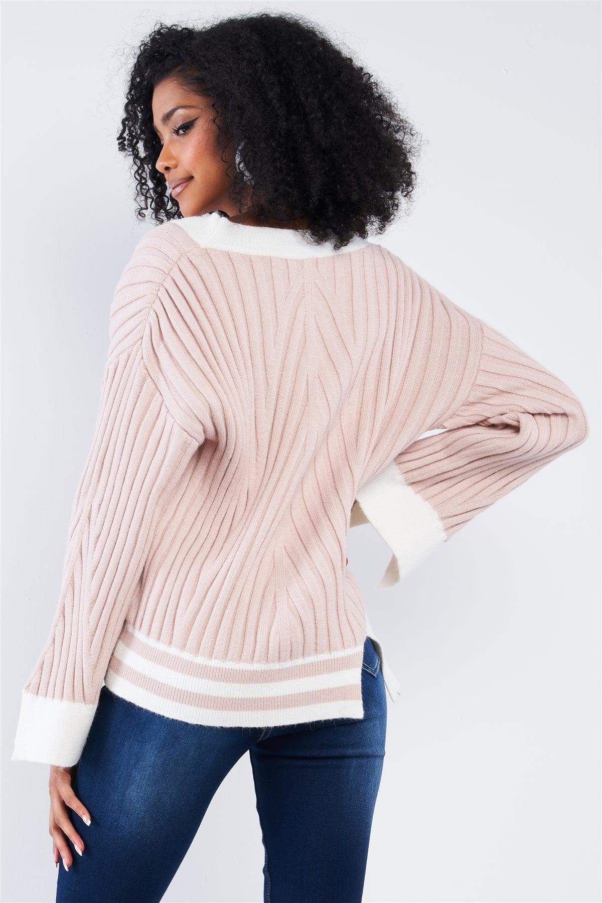 Strawberry Cream Thick Plush Cream Block Stripped Sweater /4-2