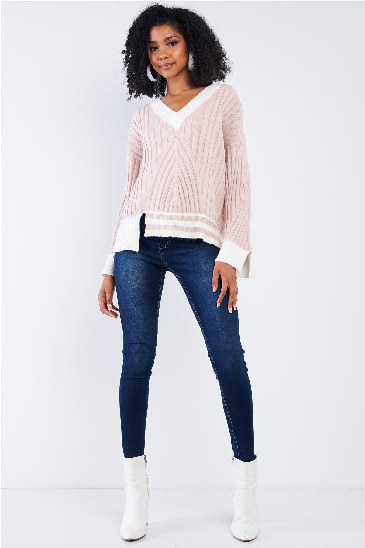 Strawberry Cream Thick Plush Cream Block Stripped Sweater /4-2