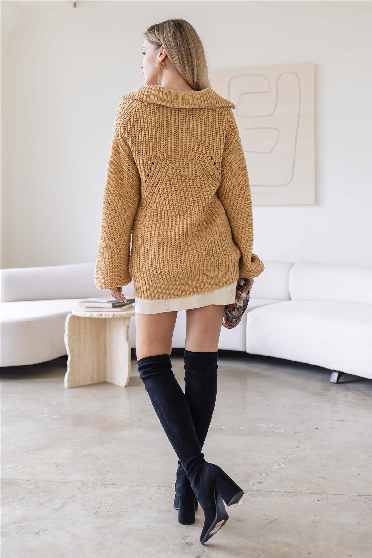 Taupe Knit Collar V-Neck Long Sleeve Sweater /3-2