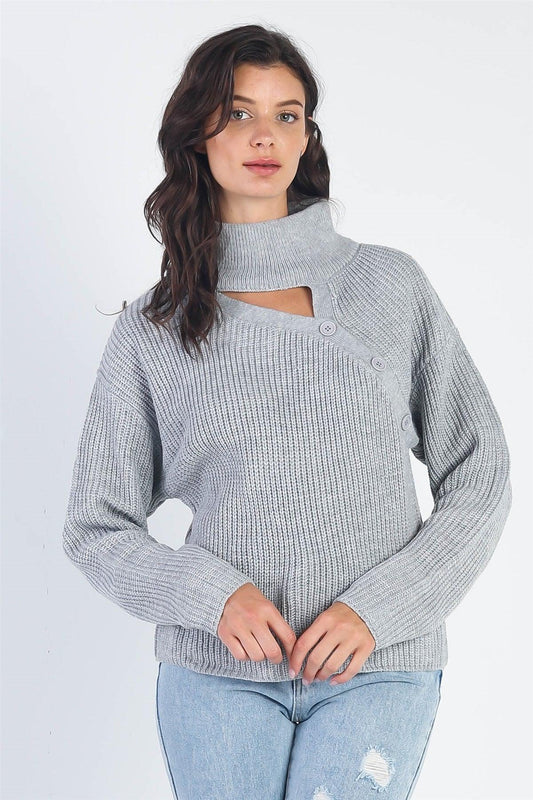 Grey Button Up Turtle Neck Long Sleeve Sweater /5