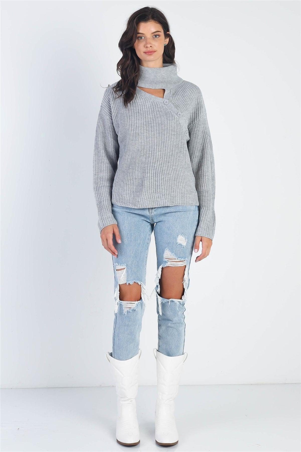 Grey Button Up Turtle Neck Long Sleeve Sweater /4-2