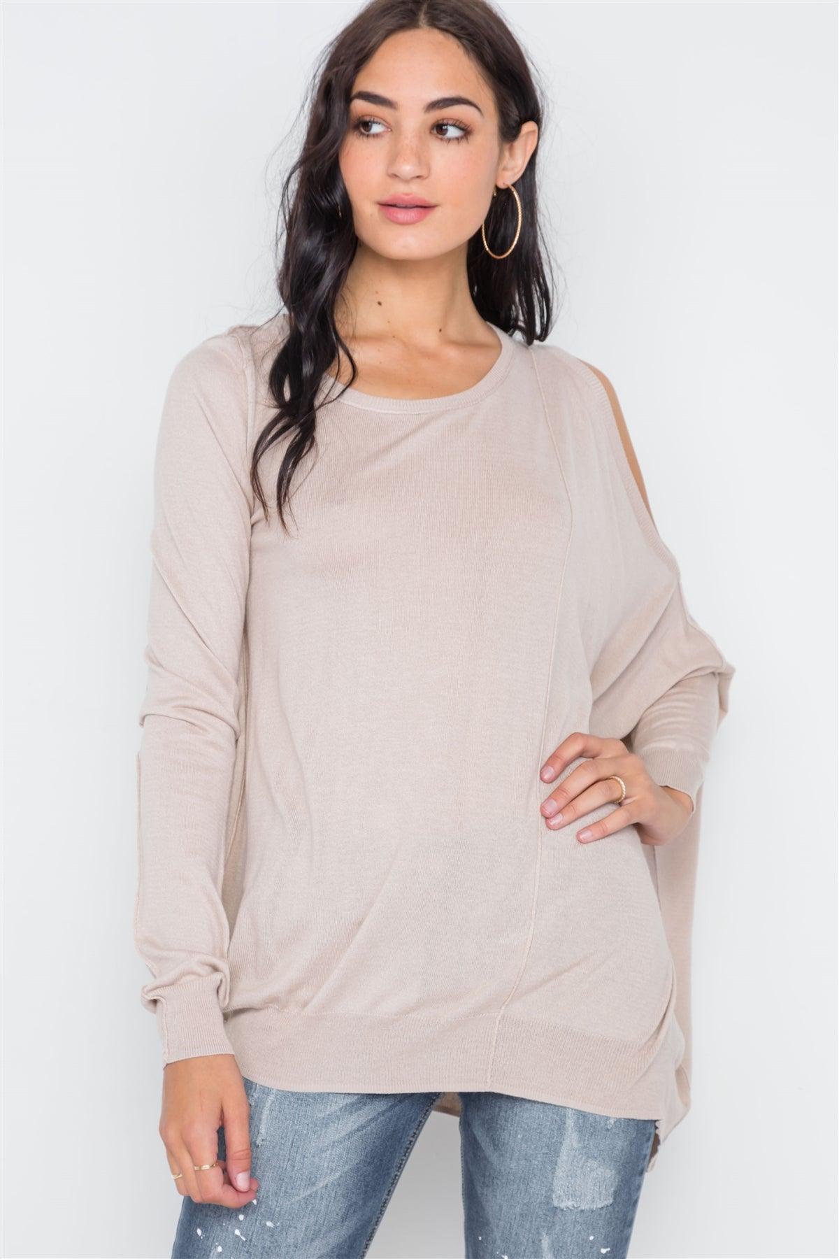 Almond Asymmetrical Hem Seamed Sweater /3-2