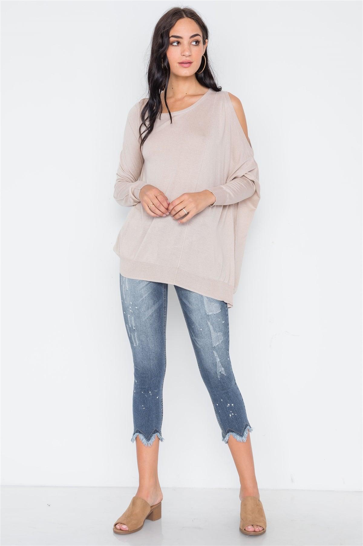 Almond Asymmetrical Hem Seamed Sweater /3-2