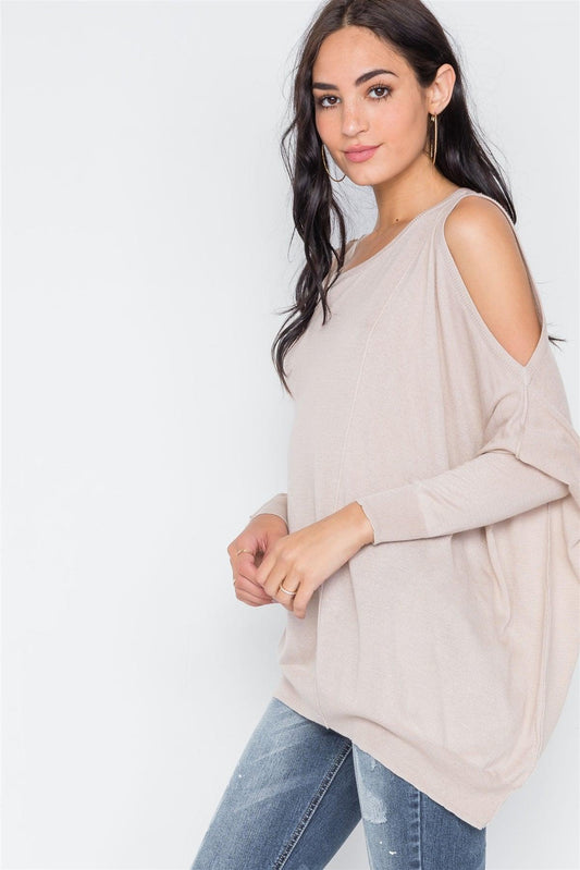 Almond Asymmetrical Hem Seamed Sweater