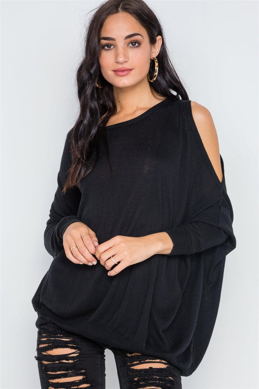 Black Asymmetrical Hem Seamed Sweater