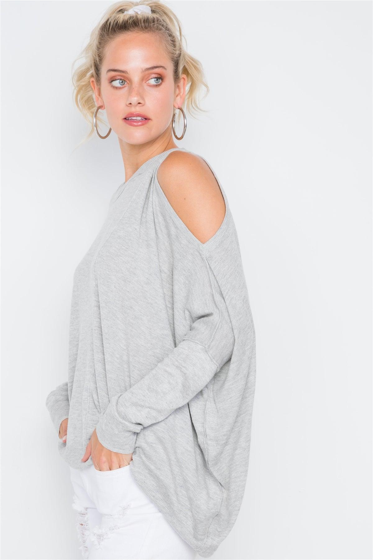 Heather Grey Asymmetrical Hem Seamed Sweater /3-2-1