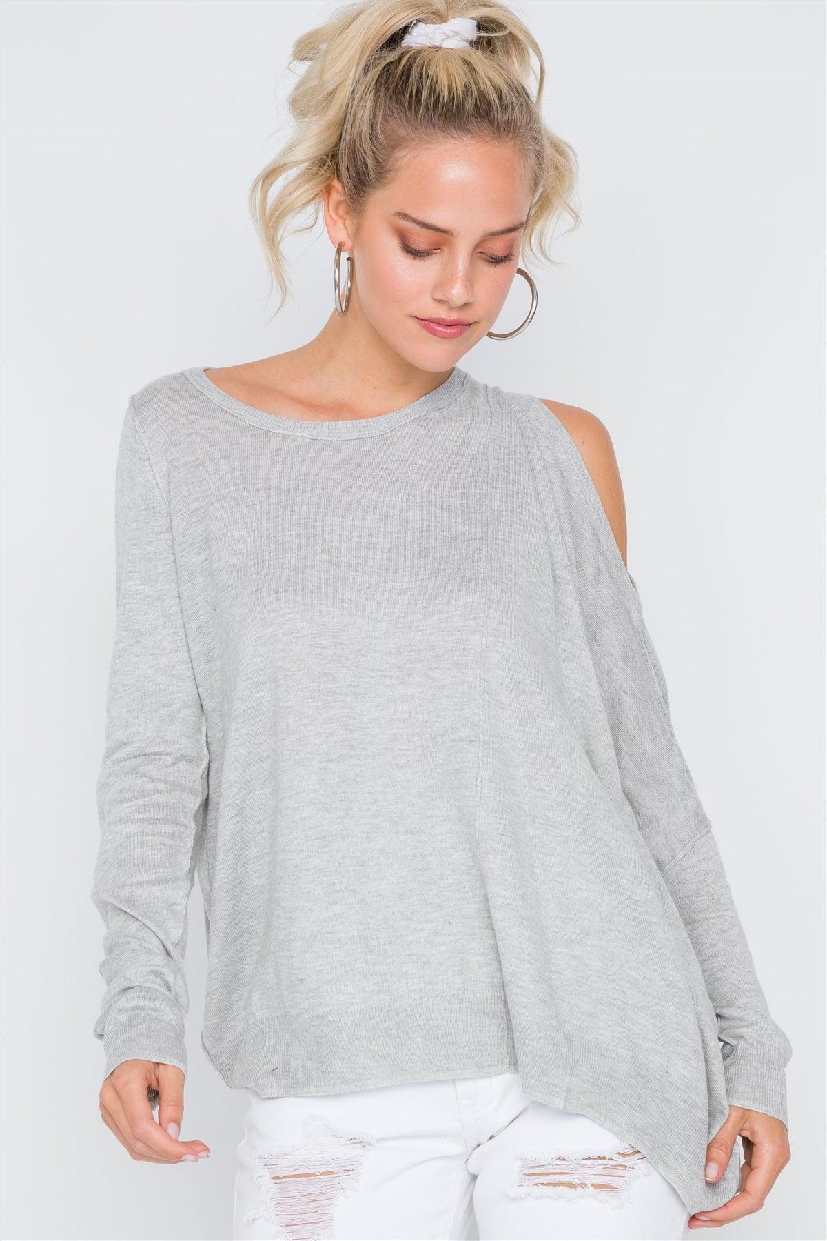 Heather Grey Asymmetrical Hem Seamed Sweater /3-2-1