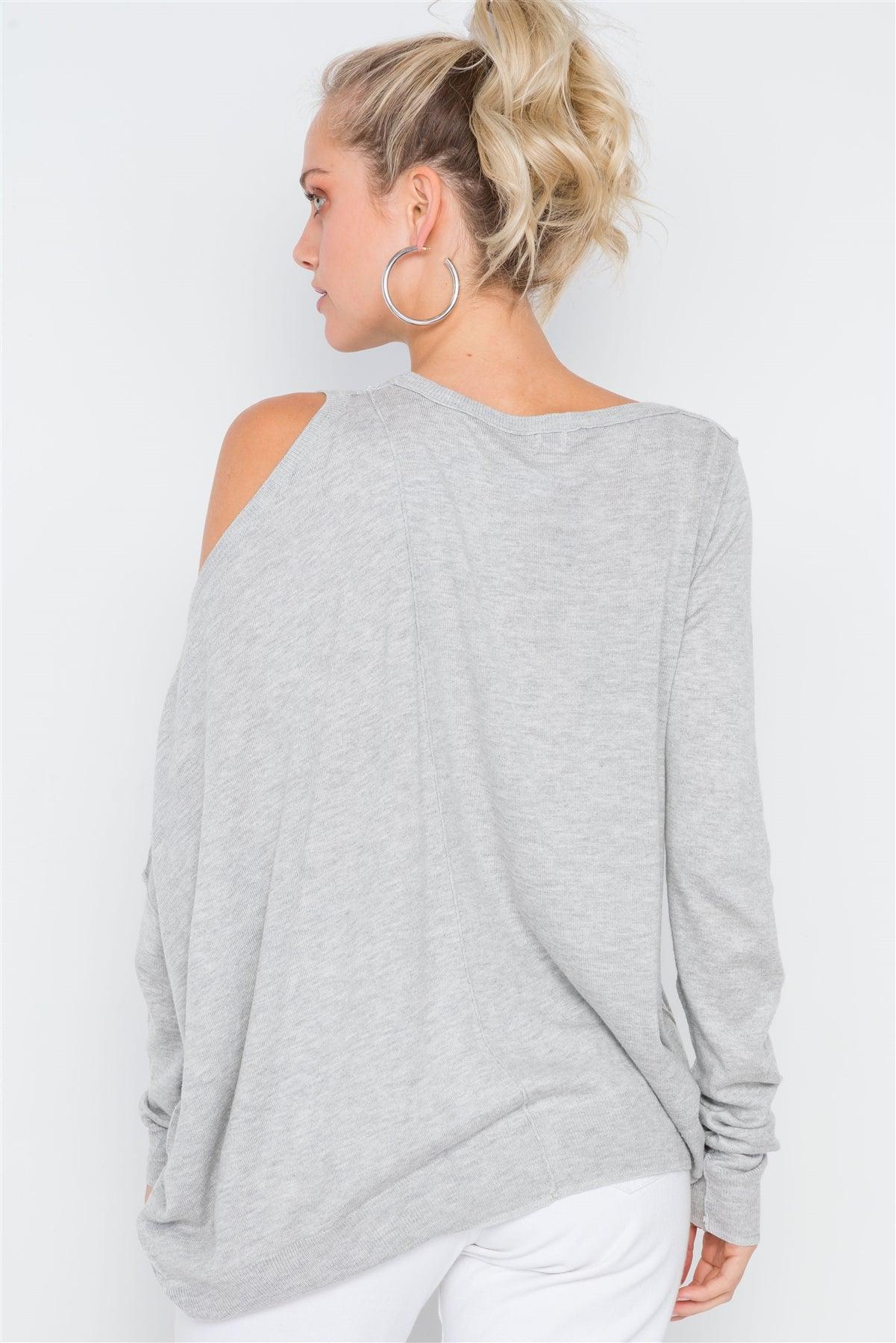 Heather Grey Asymmetrical Hem Seamed Sweater /3-2-1