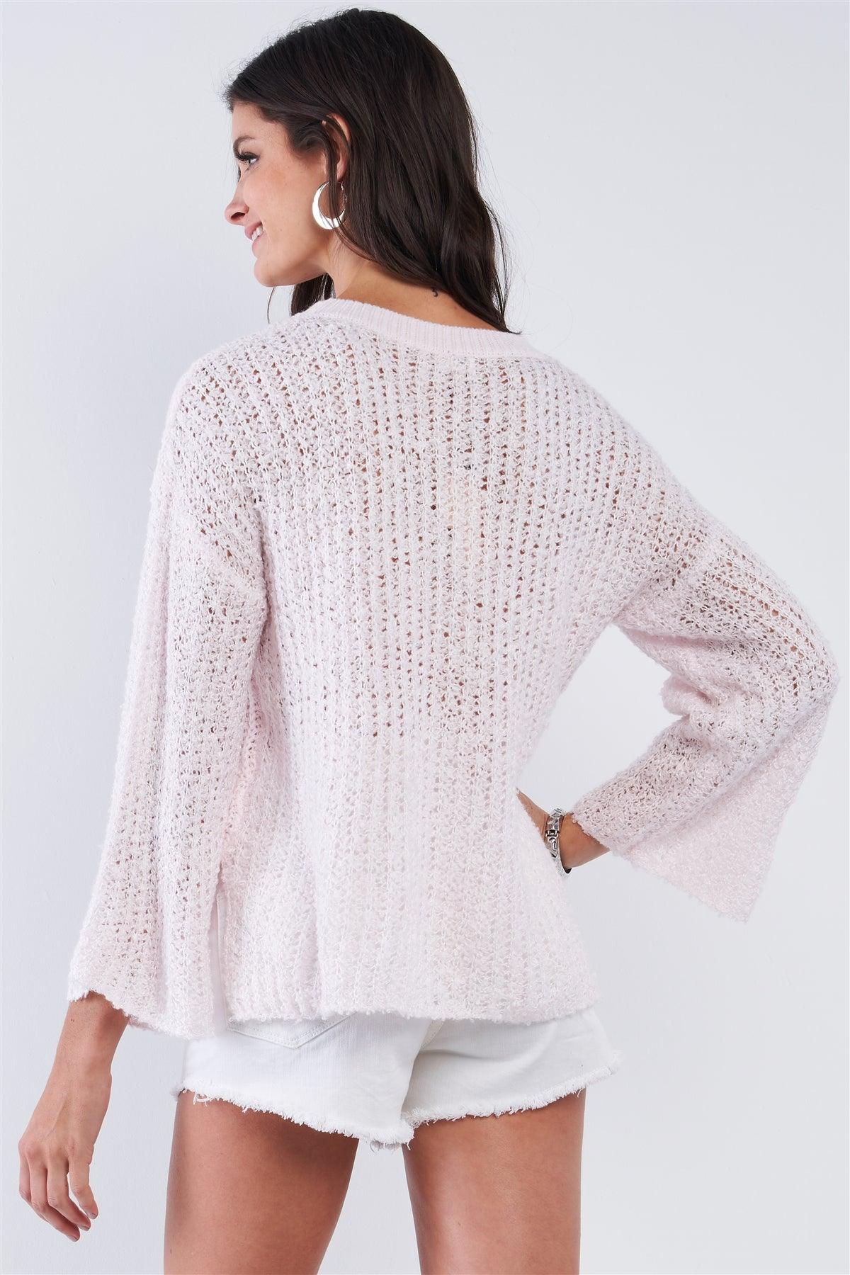 Baby Pink Cable Knit Relaxed Fit Ribbed Round Neckline Long Sleeve Side Slit Detail Sweater /4-2