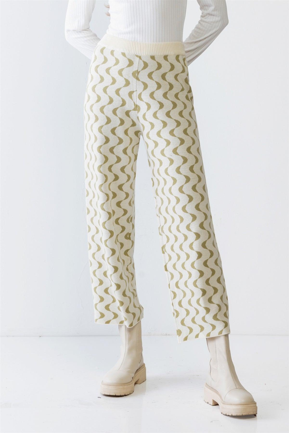 Cream & Green Wavy Line Print Knit High Waist Wide Leg Pants S-M-L/1-2-1