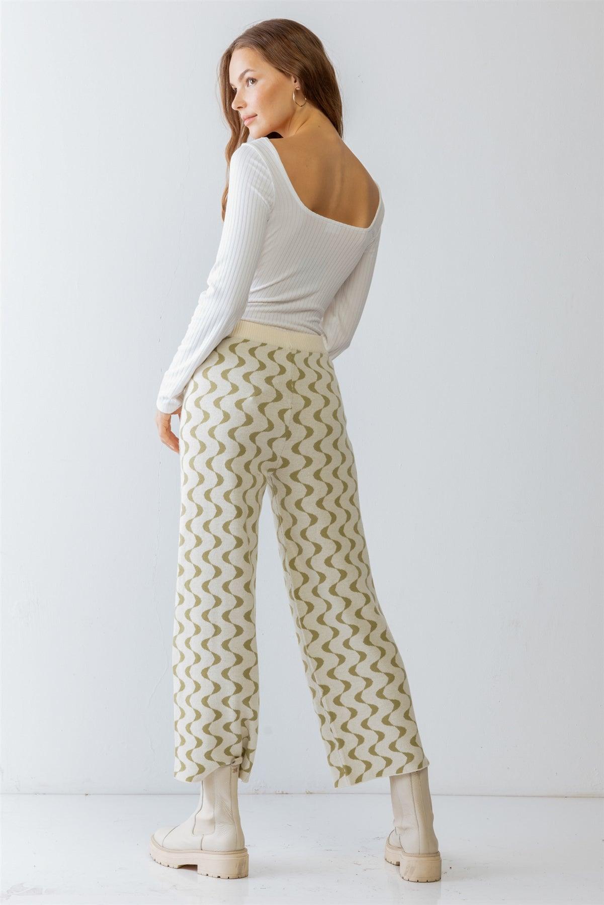 Cream & Green Wavy Line Print Knit High Waist Wide Leg Pants S-M-L/1-2-1