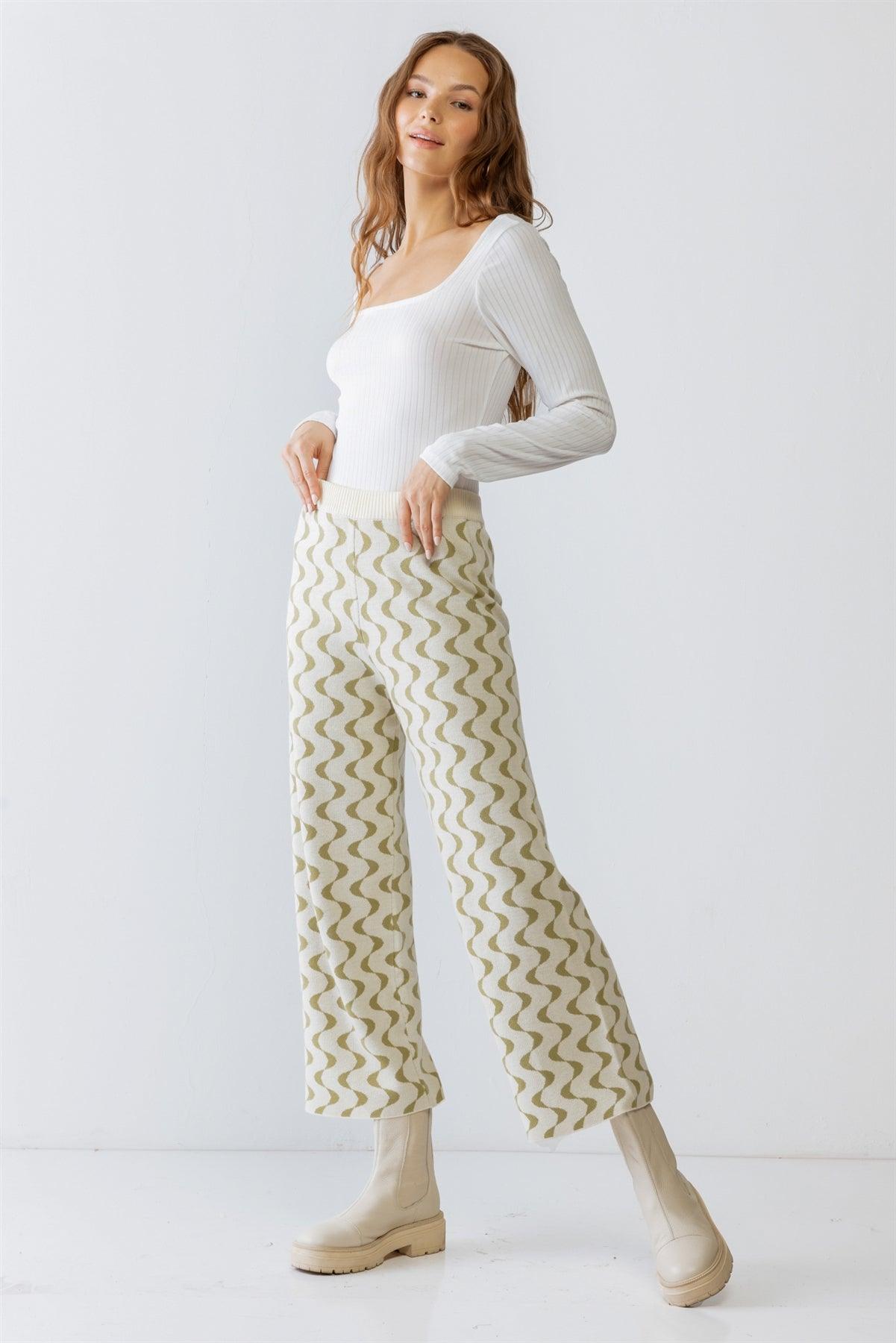 Cream & Green Wavy Line Print Knit High Waist Wide Leg Pants S-M-L/1-2-1