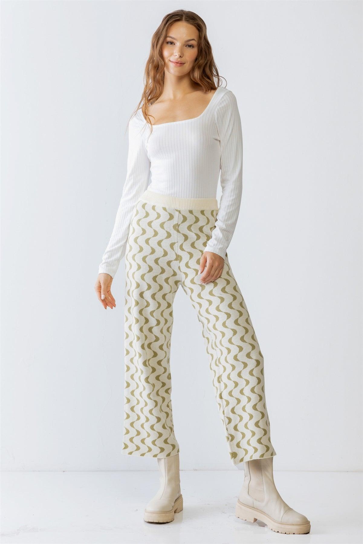 Cream & Green Wavy Line Print Knit High Waist Wide Leg Pants S-M-L/3-2-1