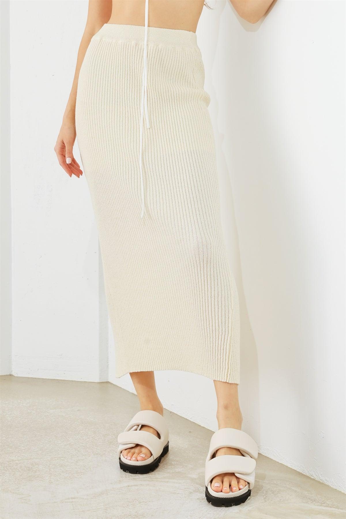 Cream Ribbed Knit High Waist Back Slit Midi Skirt /1-2-2-1