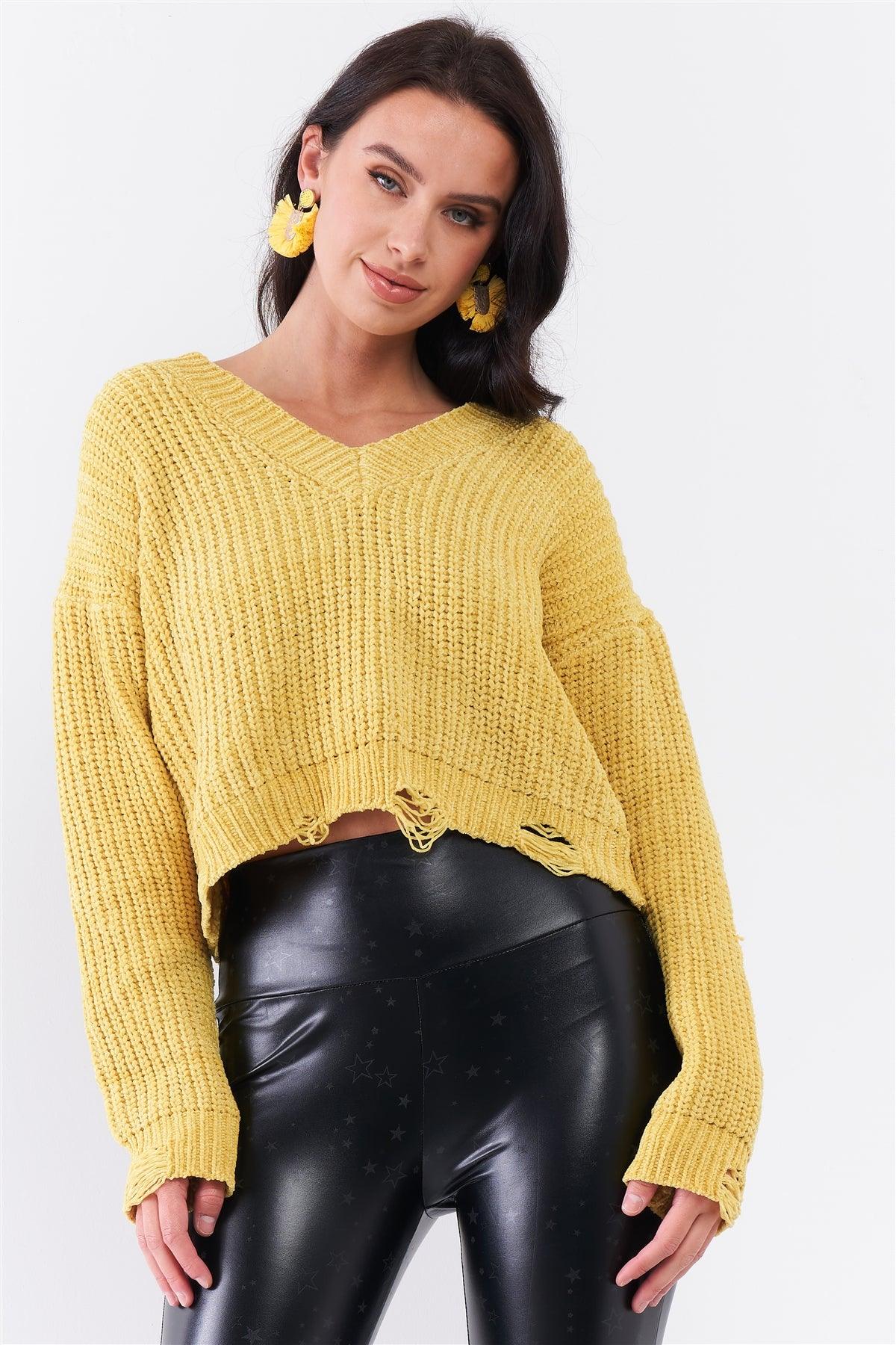 Pea Green V-Neck Cable Knit Destroyed Hem Detail Crop Sweater /2-2-1