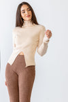 Cream Ribbed Viscose Blend Turtle Neck Long Sleeve Front Slit Top /3-2-1