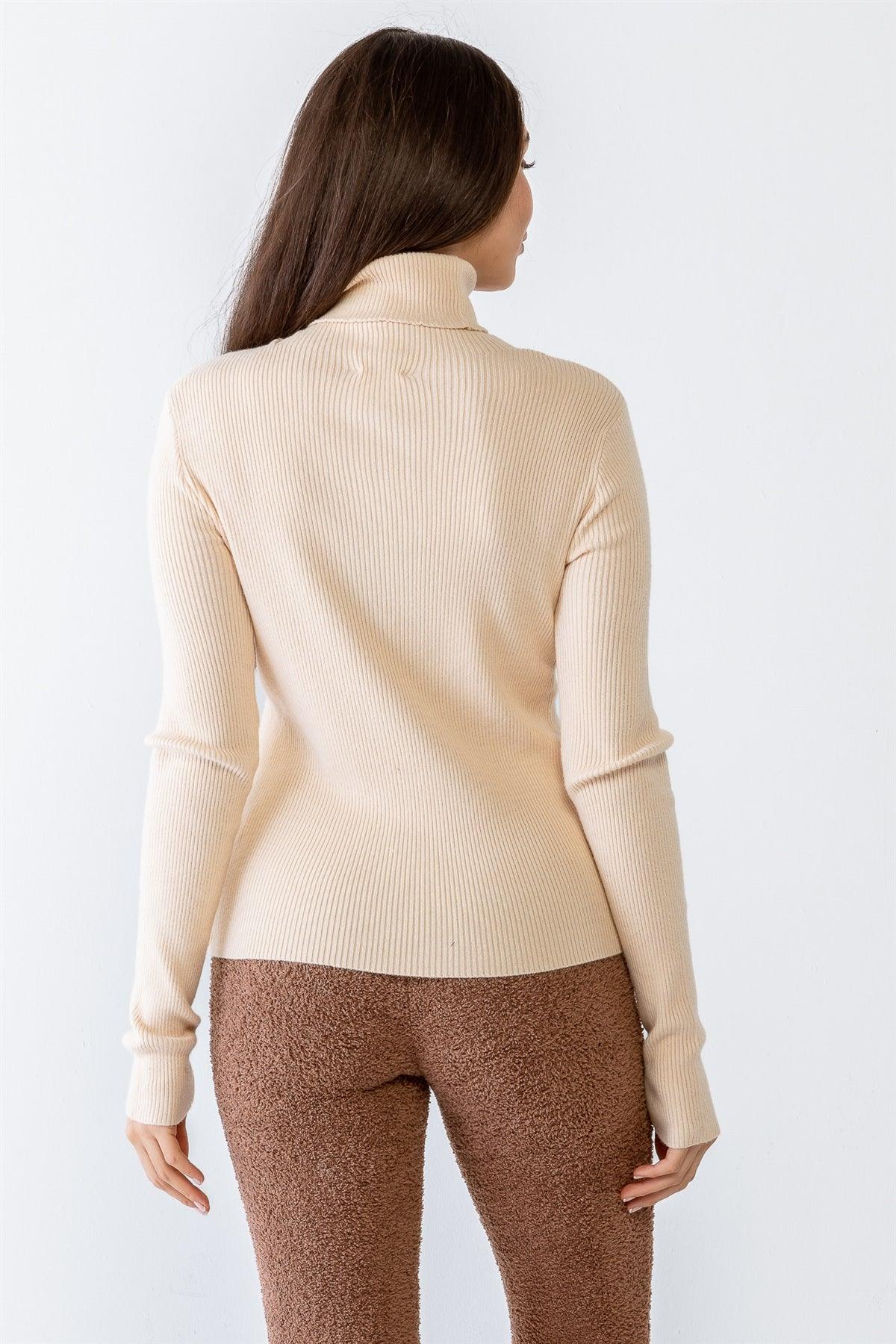 Cream Ribbed Viscose Blend Turtle Neck Long Sleeve Front Slit Top /3-2-1