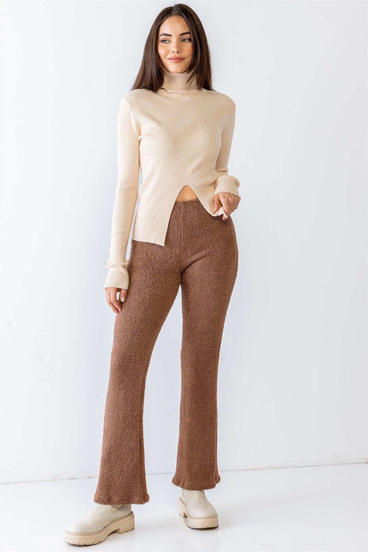 Cream Ribbed Viscose Blend Turtle Neck Long Sleeve Front Slit Top /3-2-1