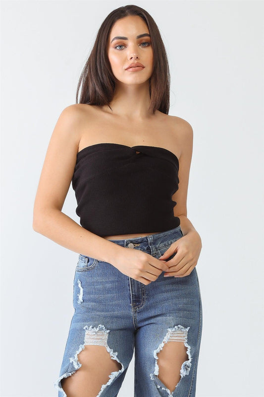 Black Knit Strapless Twist Crop Top /3-2-1