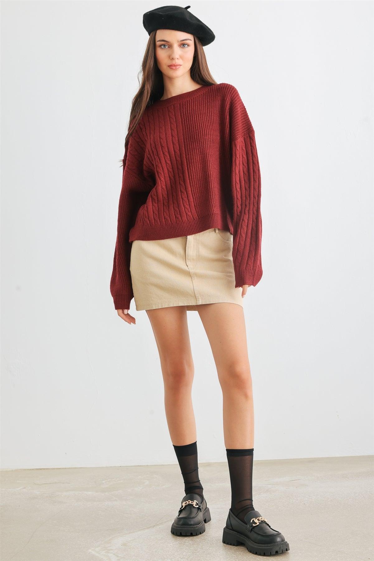 Burgundy Cable Knit Crew Neck Long Sleeve Sweater /1-2-2-1